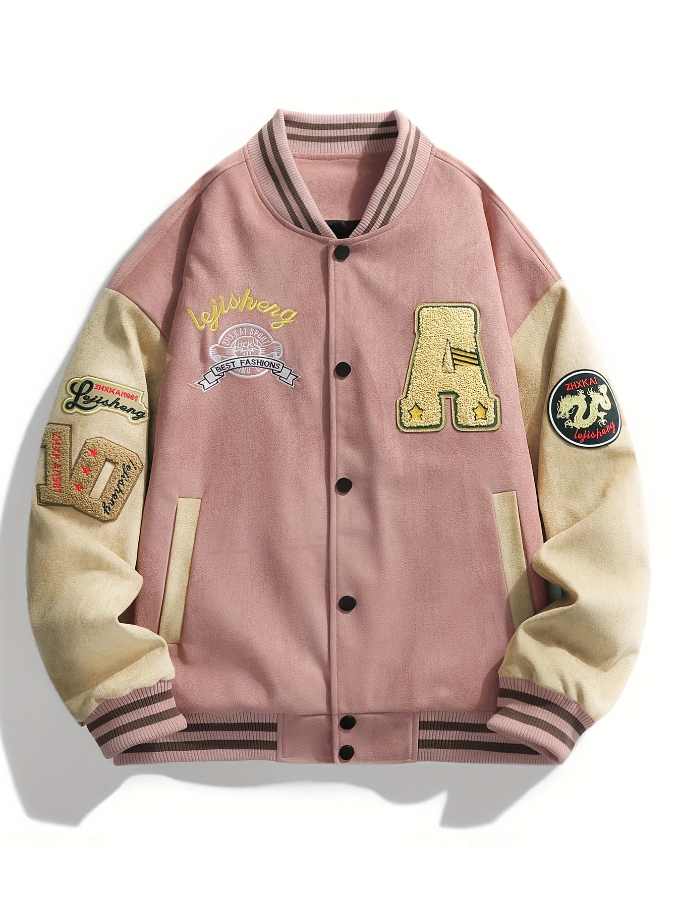 🧢 Men's Casual Letter Embroidery Varsity Jacket - Street Style Color Block Baseball Collar