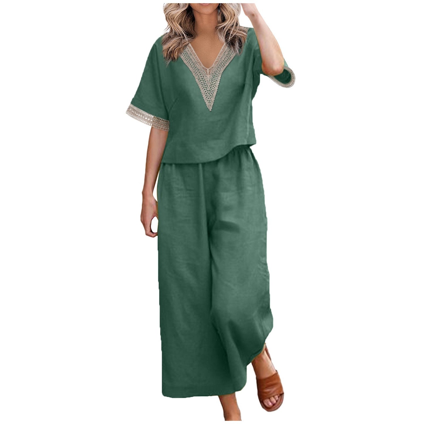 Casual Plus Size Loose Cotton And Linen V-neck Cropped Pants Two-piece Suit