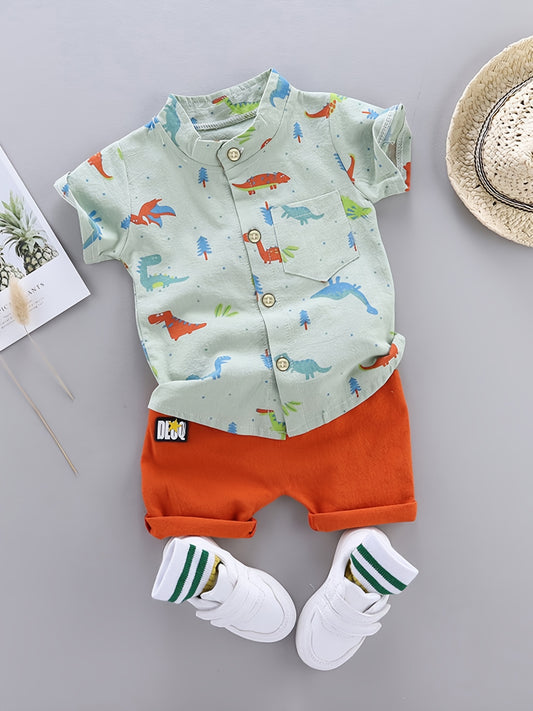 🦕 Baby Boys' Dinosaur Print Button Shirt & Elastic Waist Shorts Set – Adorable Summer Outfit 👶