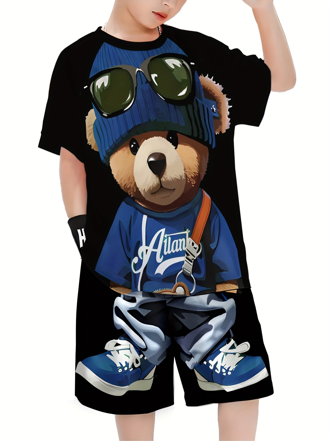 🧸 Boys Cartoon Bear Print Short Sleeve Tee and Shorts Set 🌞