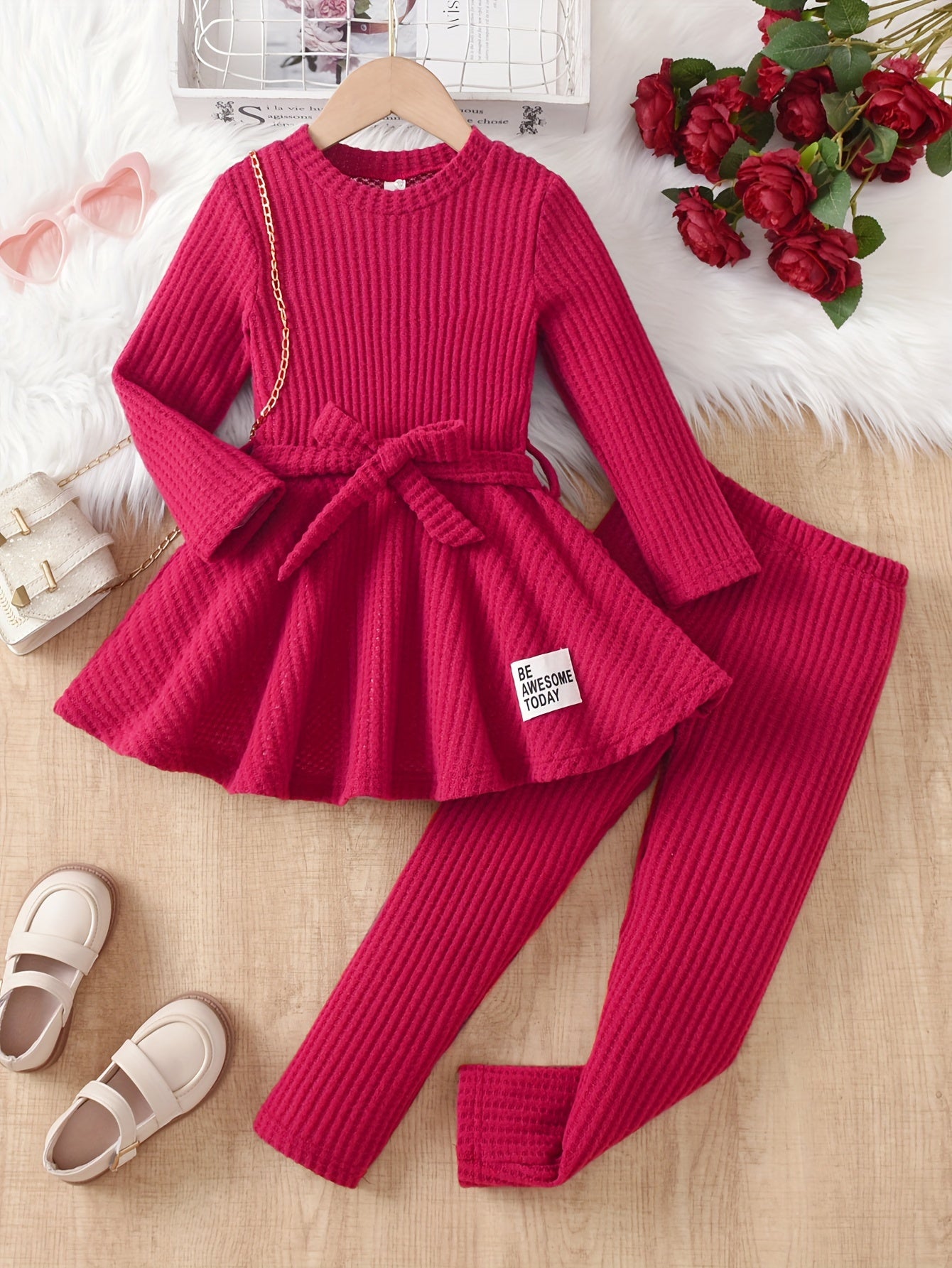 💖 Girls' Casual Waffle Knit Pullover Top with Bow and Long Sleeve Pants Set