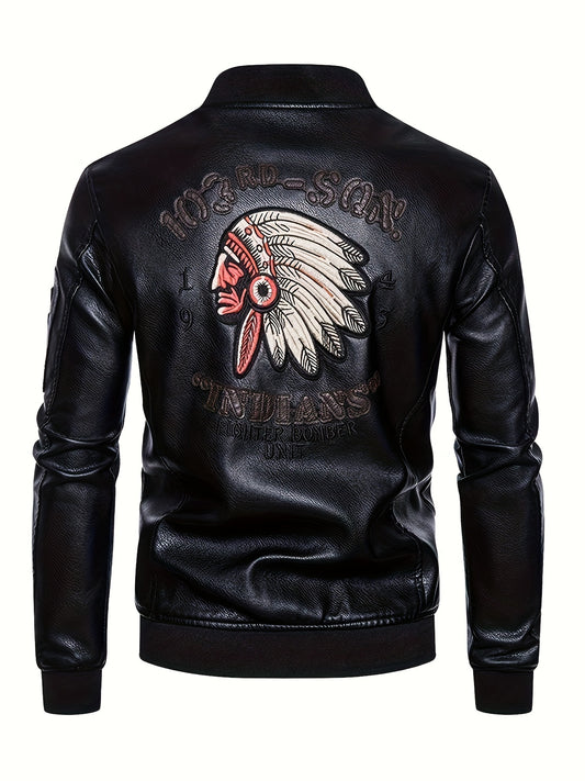 🖤 Men's Tribal Portrait Embroidery Stylish PU Leather Jacket - Multi-Pocket Retro Classic Bomber Jacket 🎁