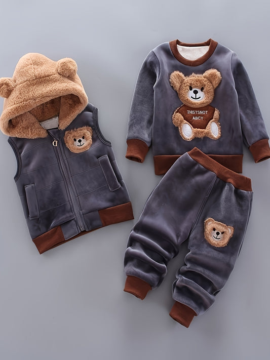 3pcs Boys' Adorable Furry Bear Face Set - Pullover, Hooded Zip-Up Sleeveless Coat, & Pants 🐻❄️