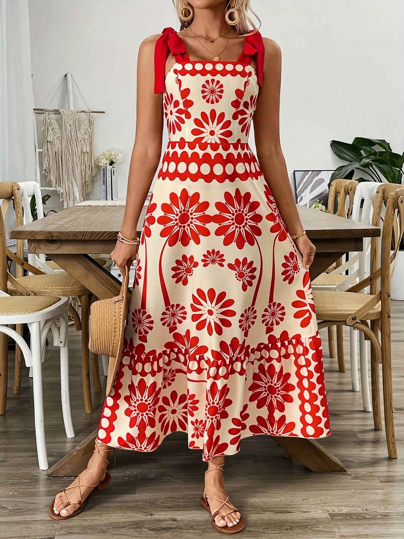 🌼 Ethnic Print Tie Shoulder A-Line Maxi Dress