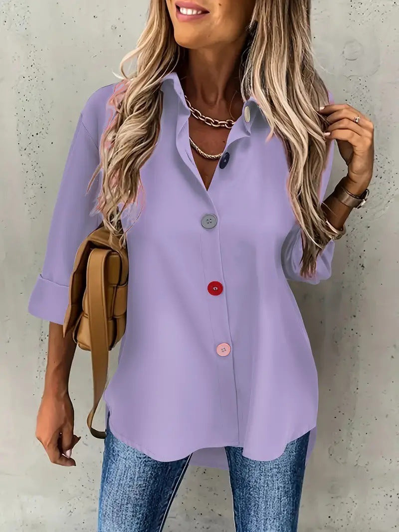 Casual Women's Solid Color Buttons Long Sleeve Shirt Top