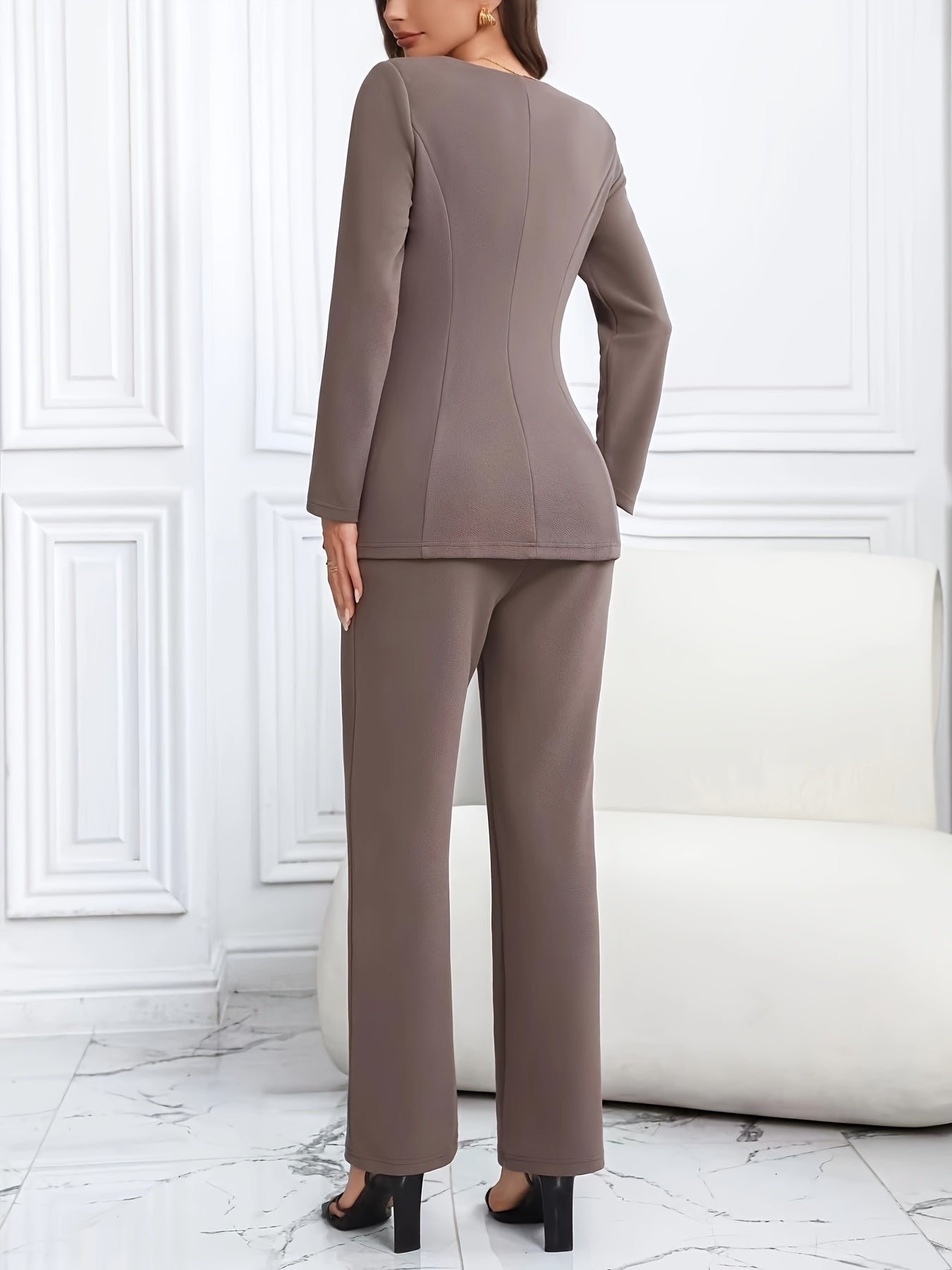 💼 Elegance Squared™ Buttoned Square-Neck Pants Suit - Long Sleeve Split Top & Trousers