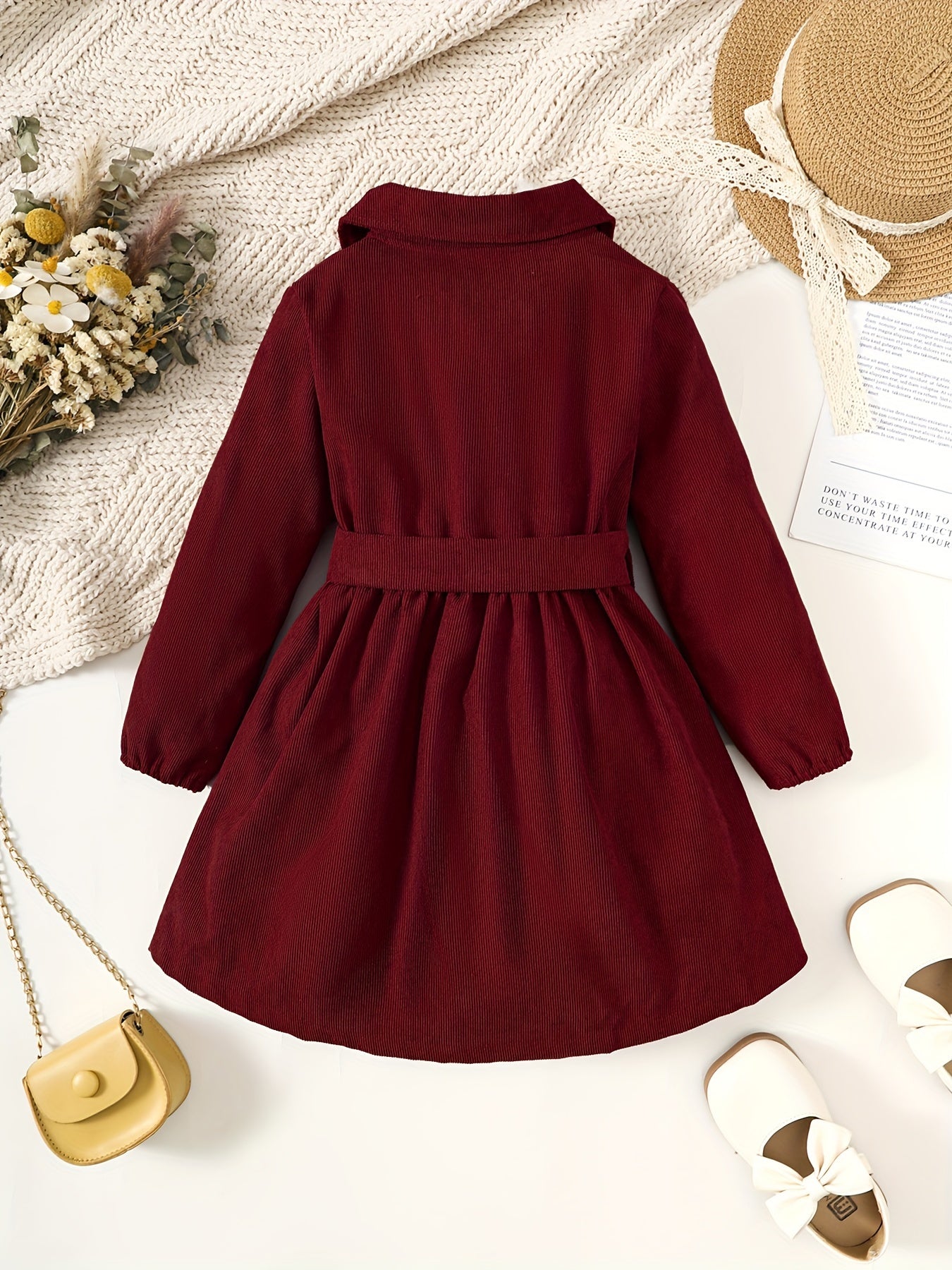 🎀 Toddler Girls' Solid Half Button Lapel Dress with Bow Belt 👗