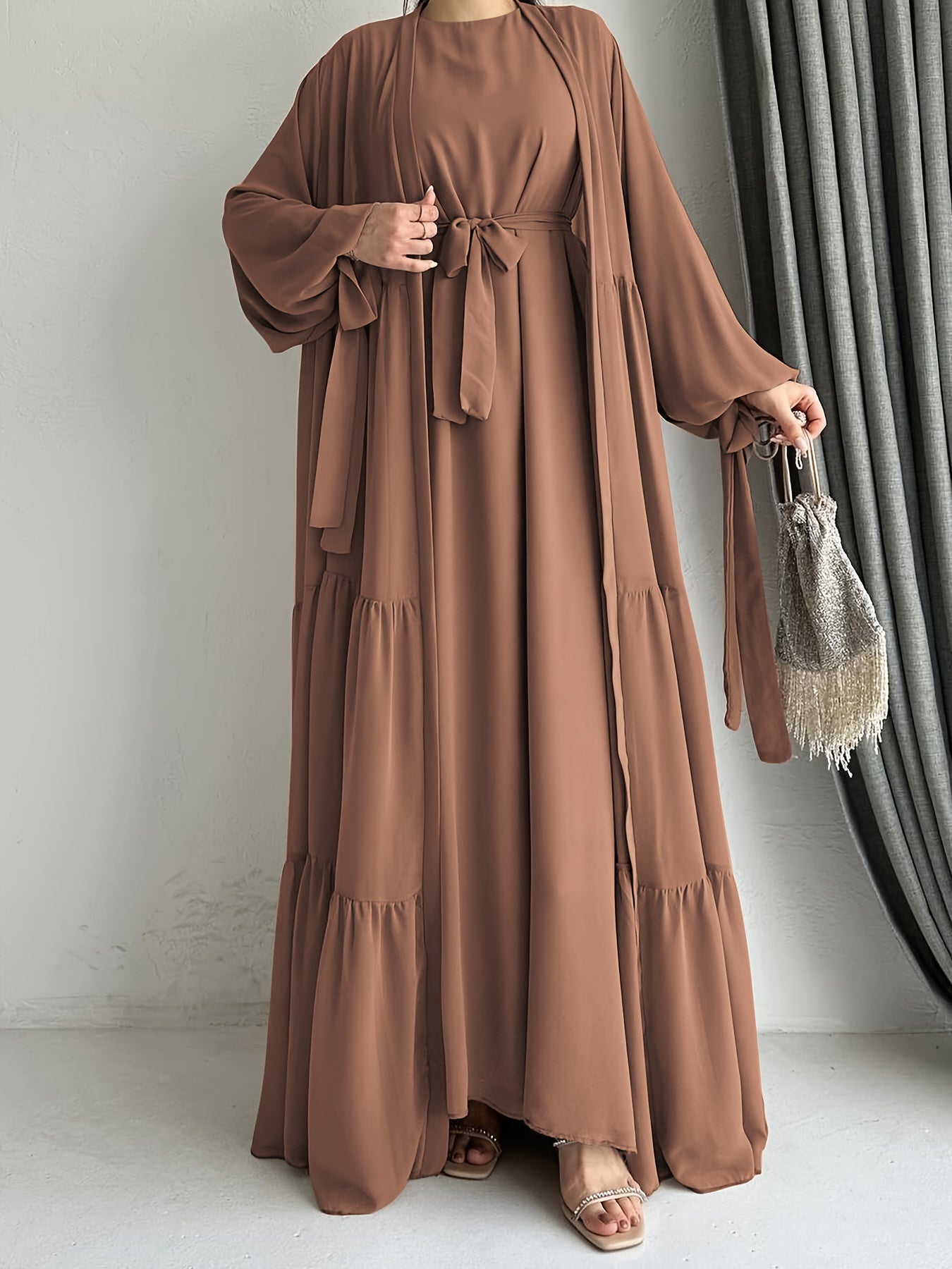 Crew Neck Long Sleeve Abayas Dress - Elegant Ruffle Hem Maxi with Long Sleeve Cardigan