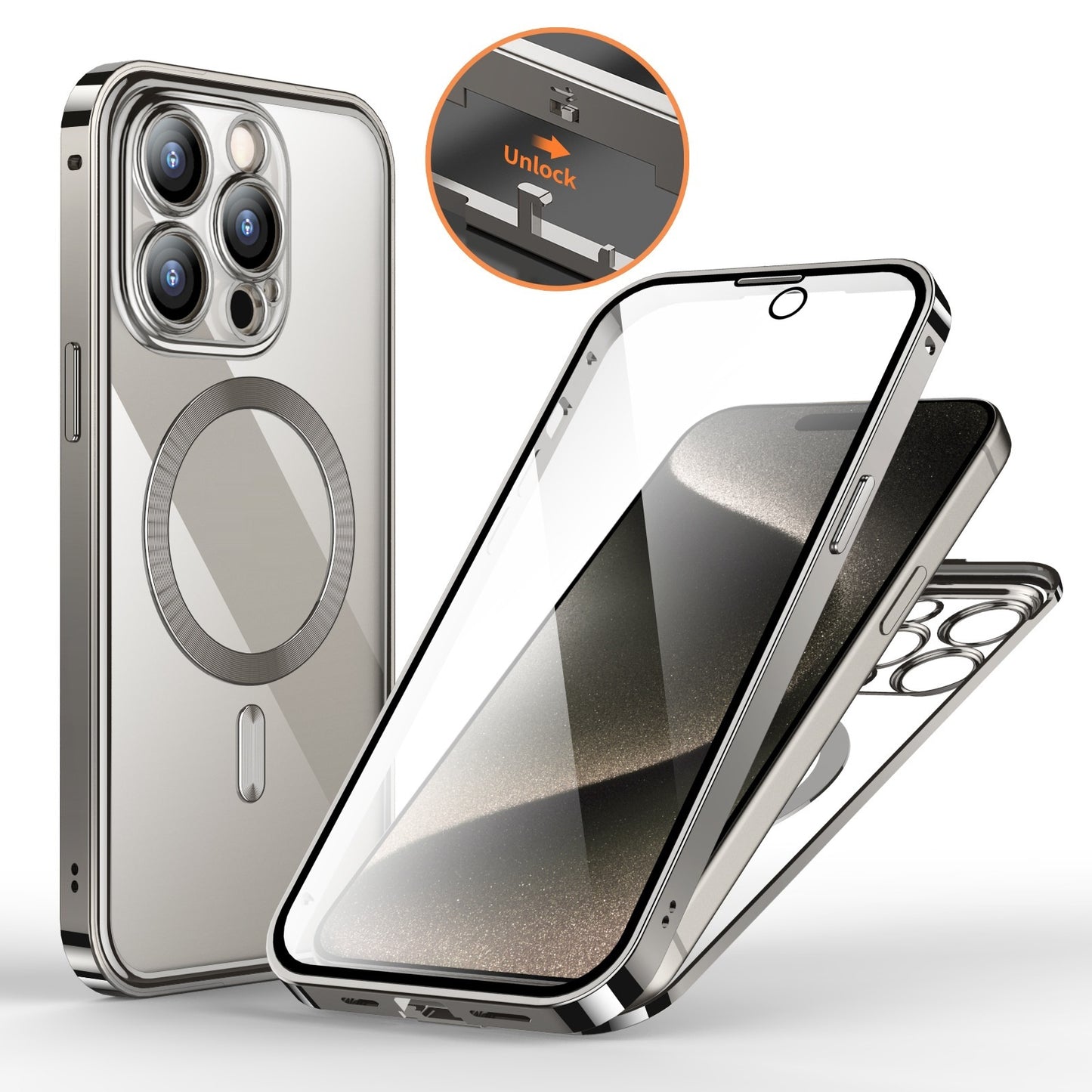 Secure Shield Magnetic Metal Buckle Phone Case: Double-Sided Lens Protection with Wireless Charging Support