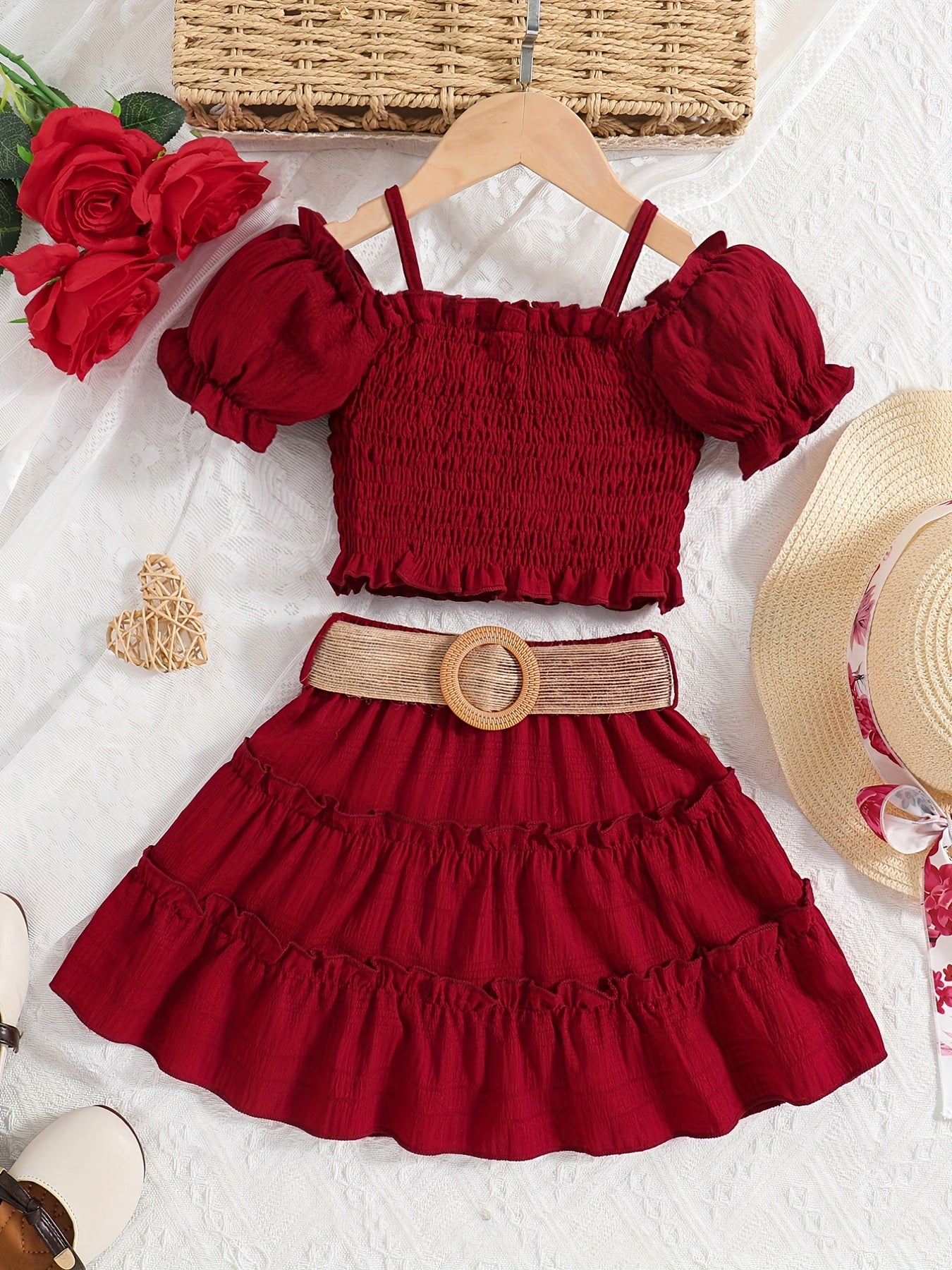 🌞 Girls' Elegant Cute Cami Off-Shoulder Ruffled Top & Skirt Set 👗