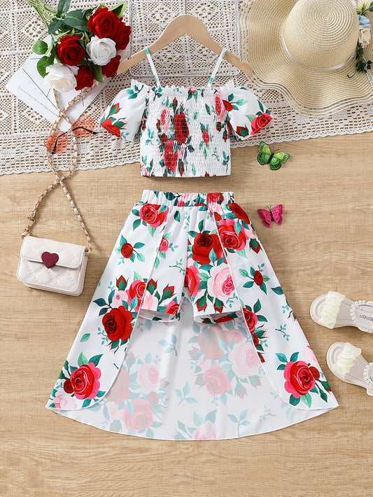 🌸 Girl's Romantic Floral Smocked Top + High-Low Shorts Set 🌺