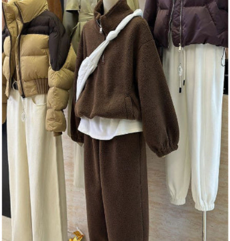 Casual Sports Style Brown Color Thick Lamb Wool Sweatshirt Pants Suit