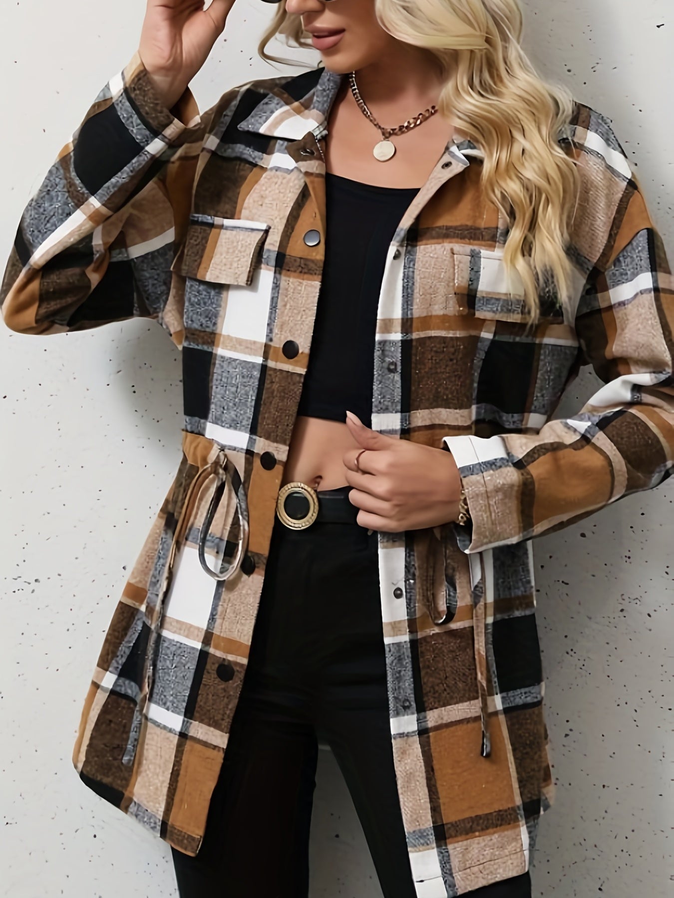 Plaid Pattern Drawstring Coat 🧥🔗