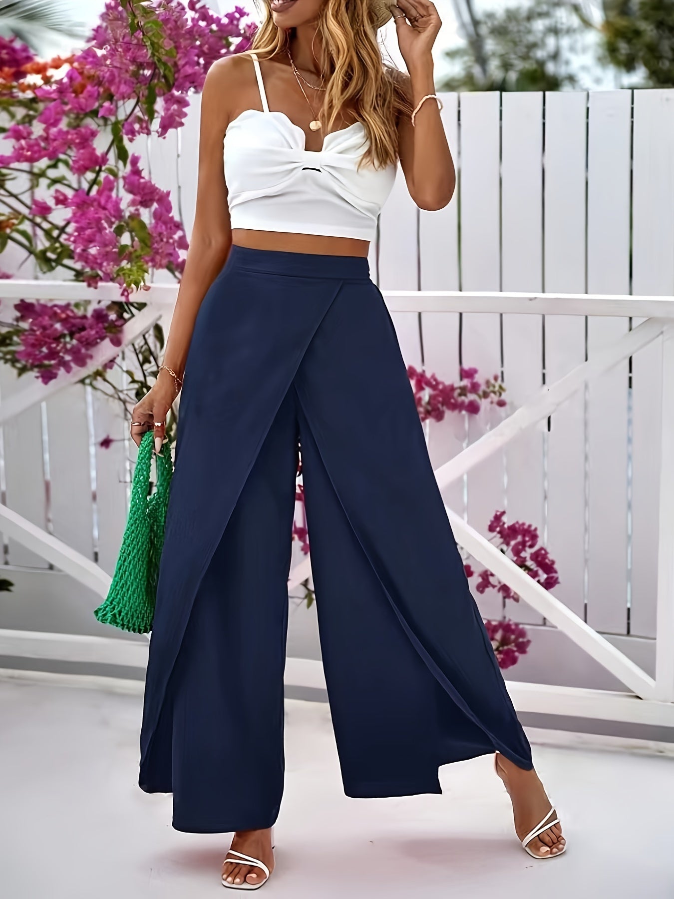 Elegant Wrap Solid Color Wide Leg Pants