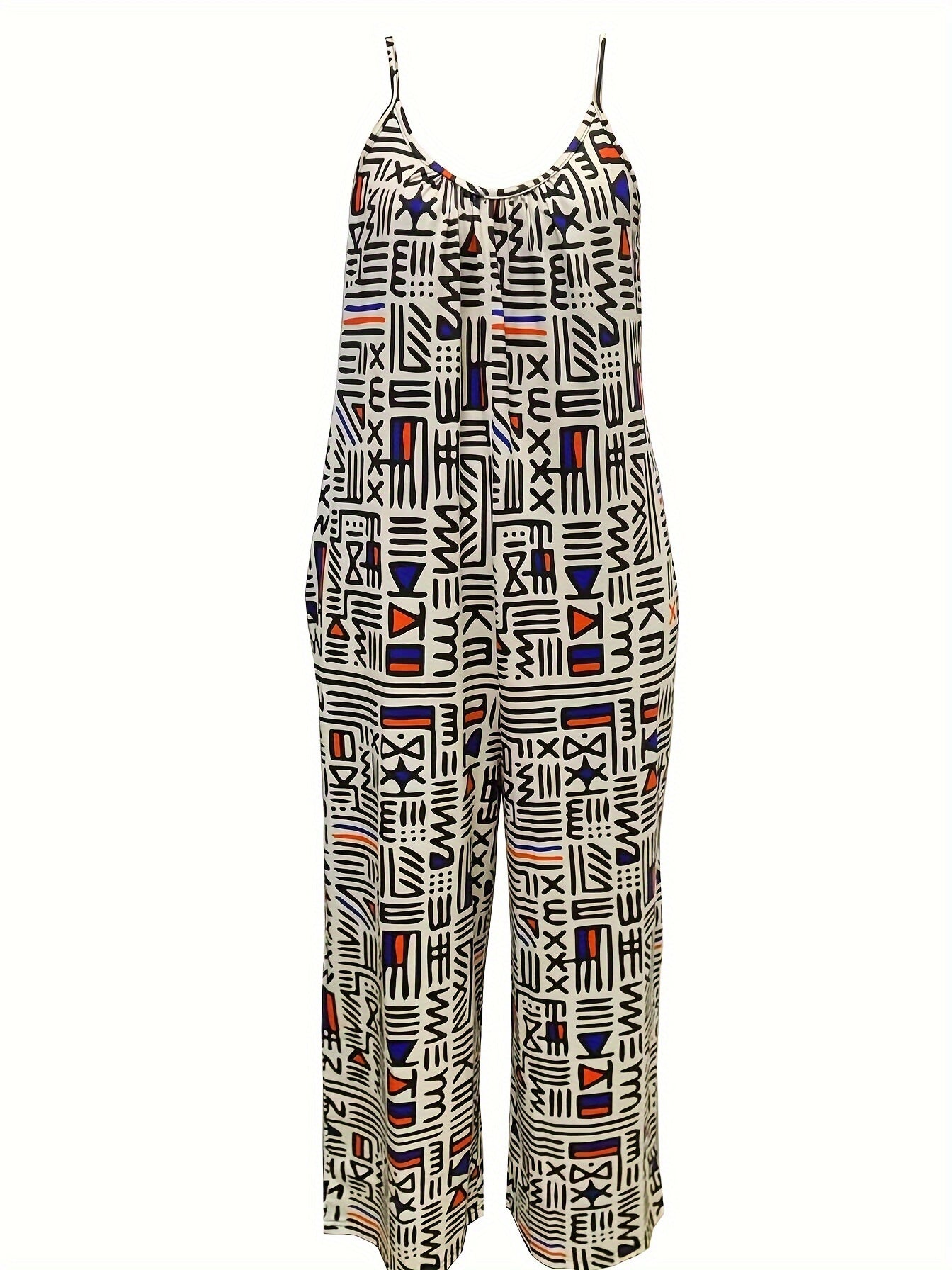 Plus Size Geometric Print Round Neck Wide Leg Cami Jumpsuit - Bold & Beautiful 🌟🔺