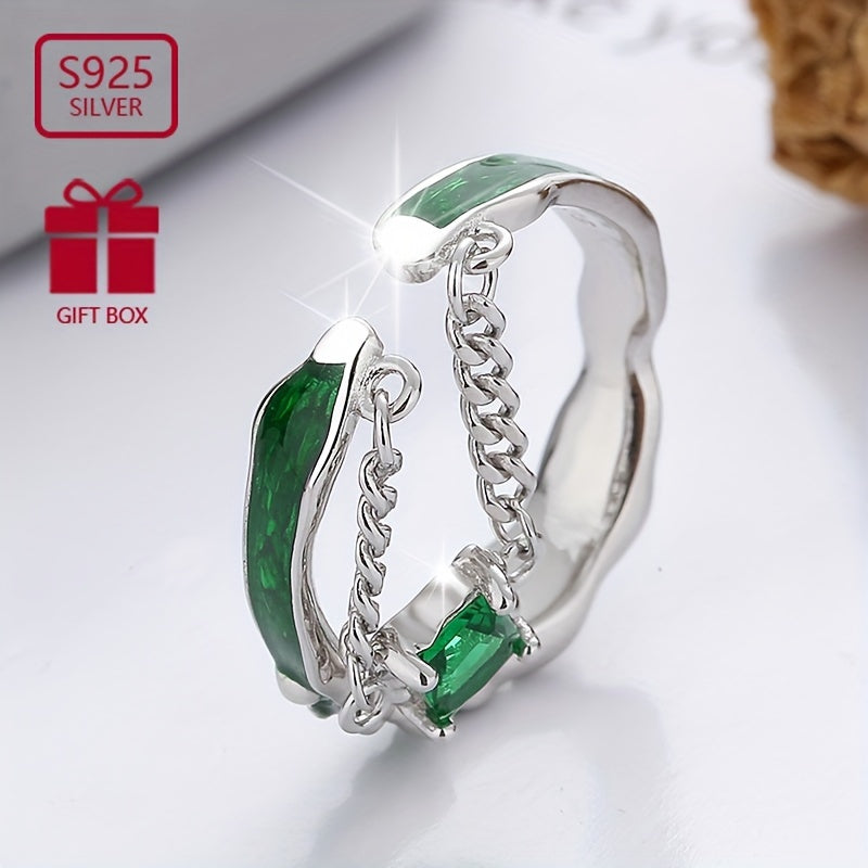 💚 Enchanted Green Zirconia Pendant Ring – S925 Sterling Silver Retro Luxury ✨