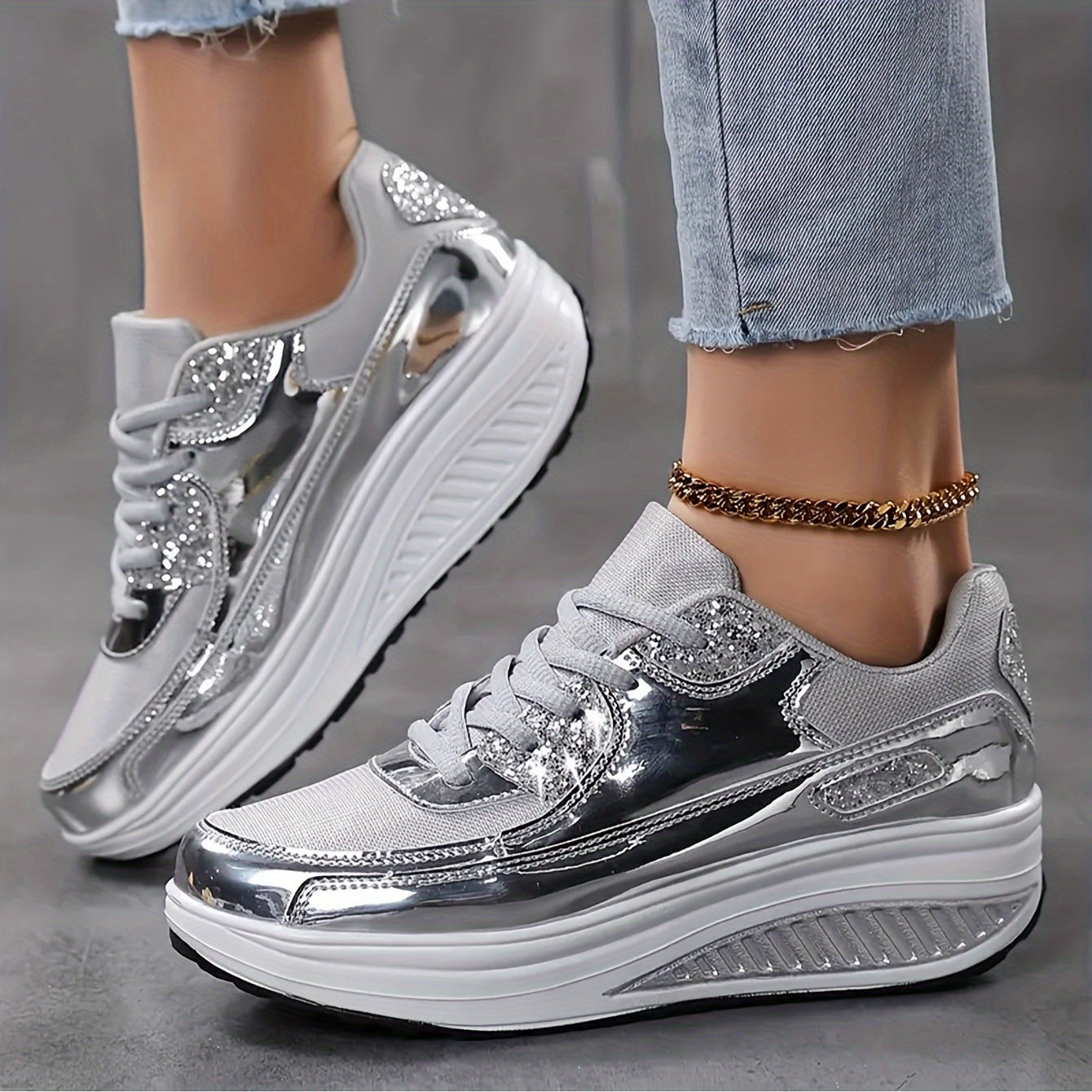 💫 "Glam Walk" Women's Silvery Glitter Platform Sneakers 💫