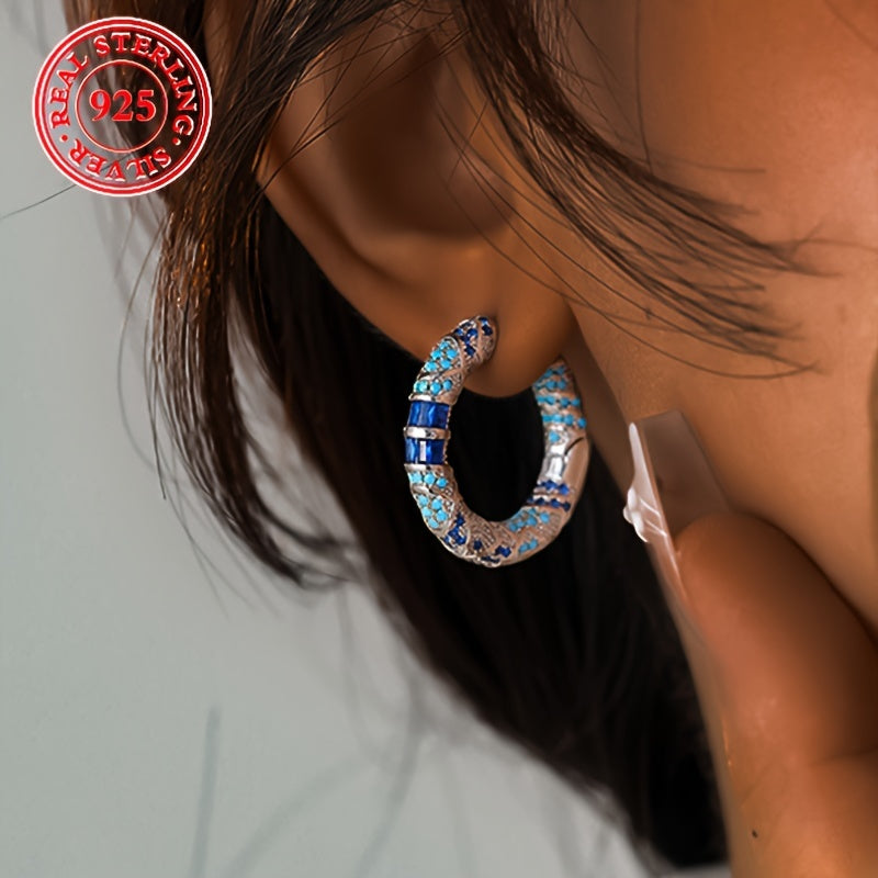 🌙 Tribal Silver Hoops – Blue Zirconia Elegance Collection 💎