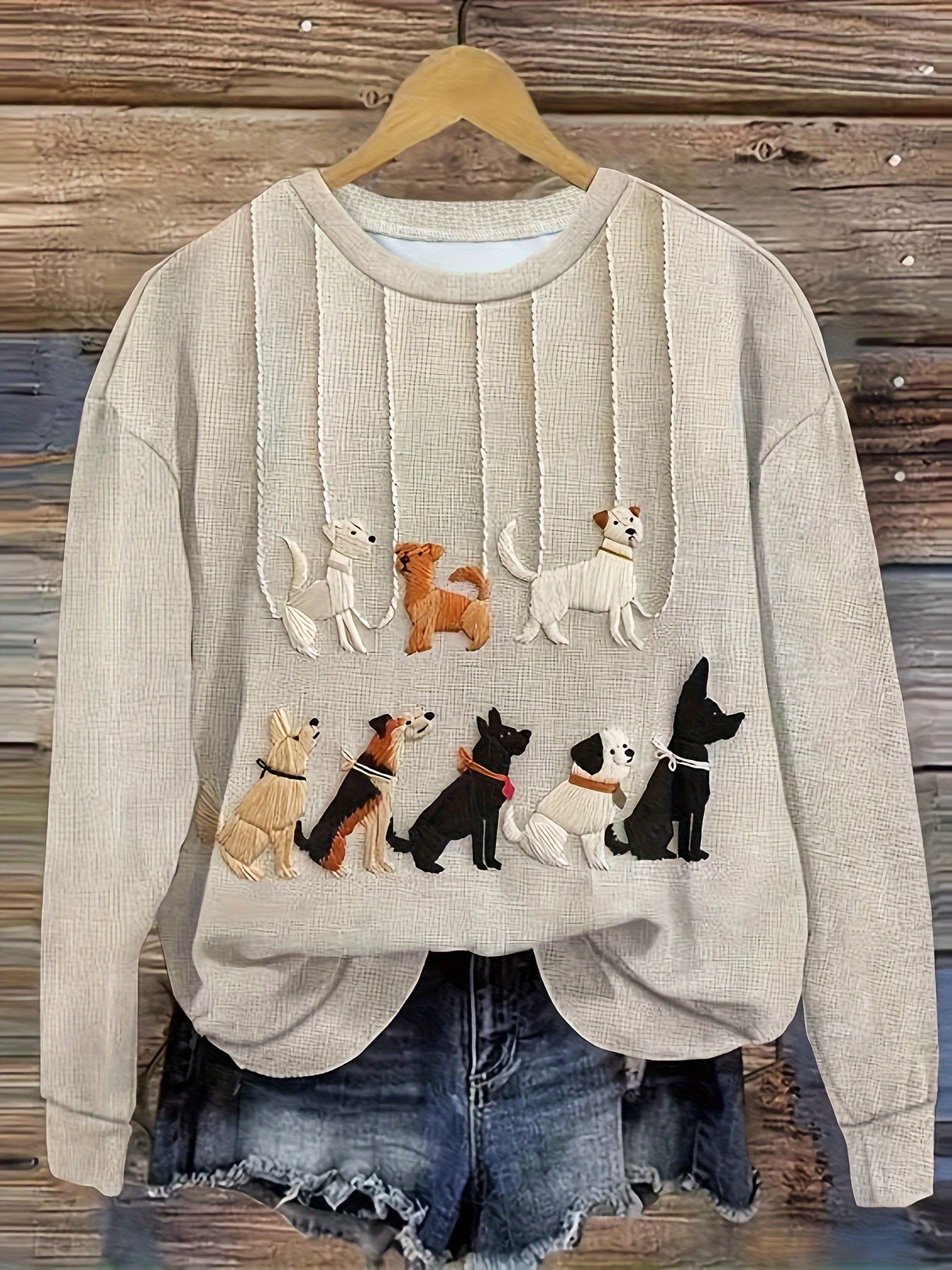 Plus Size Casual Crew Neck Sweatshirt with Cute Dog Print 🐾