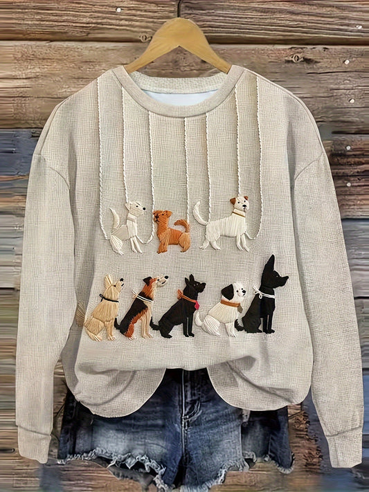 Plus Size Casual Crew Neck Sweatshirt with Cute Dog Print 🐾