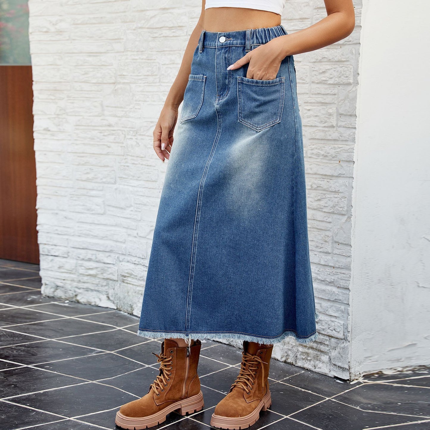 European And American Washed Frayed Hem Denim Skirt Midi Skirt