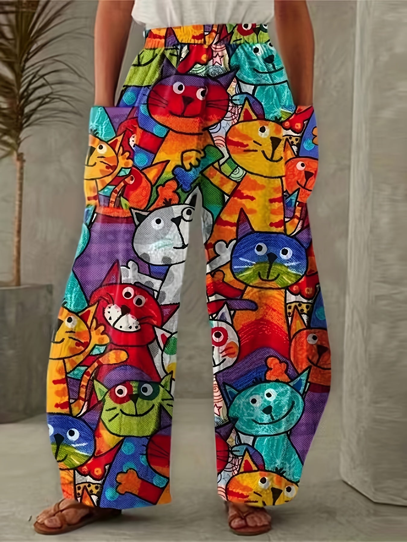 Colorful Cat Print Baggy Pants