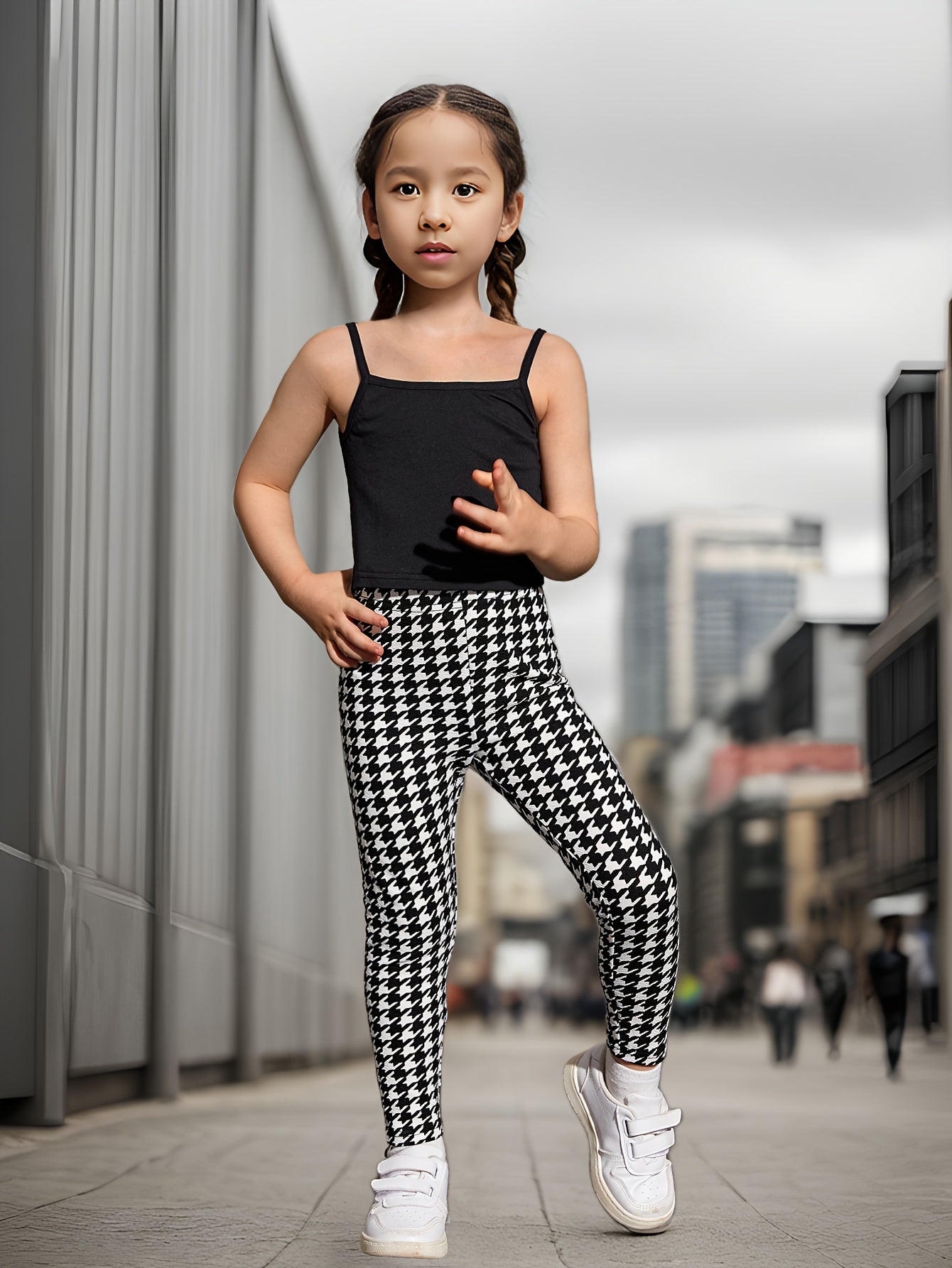 🌟 3-Piece Trendy Hounds tooth Pattern Set for Girls: Long Cardigan + Solid Tank Top + Slim Leggings 👧