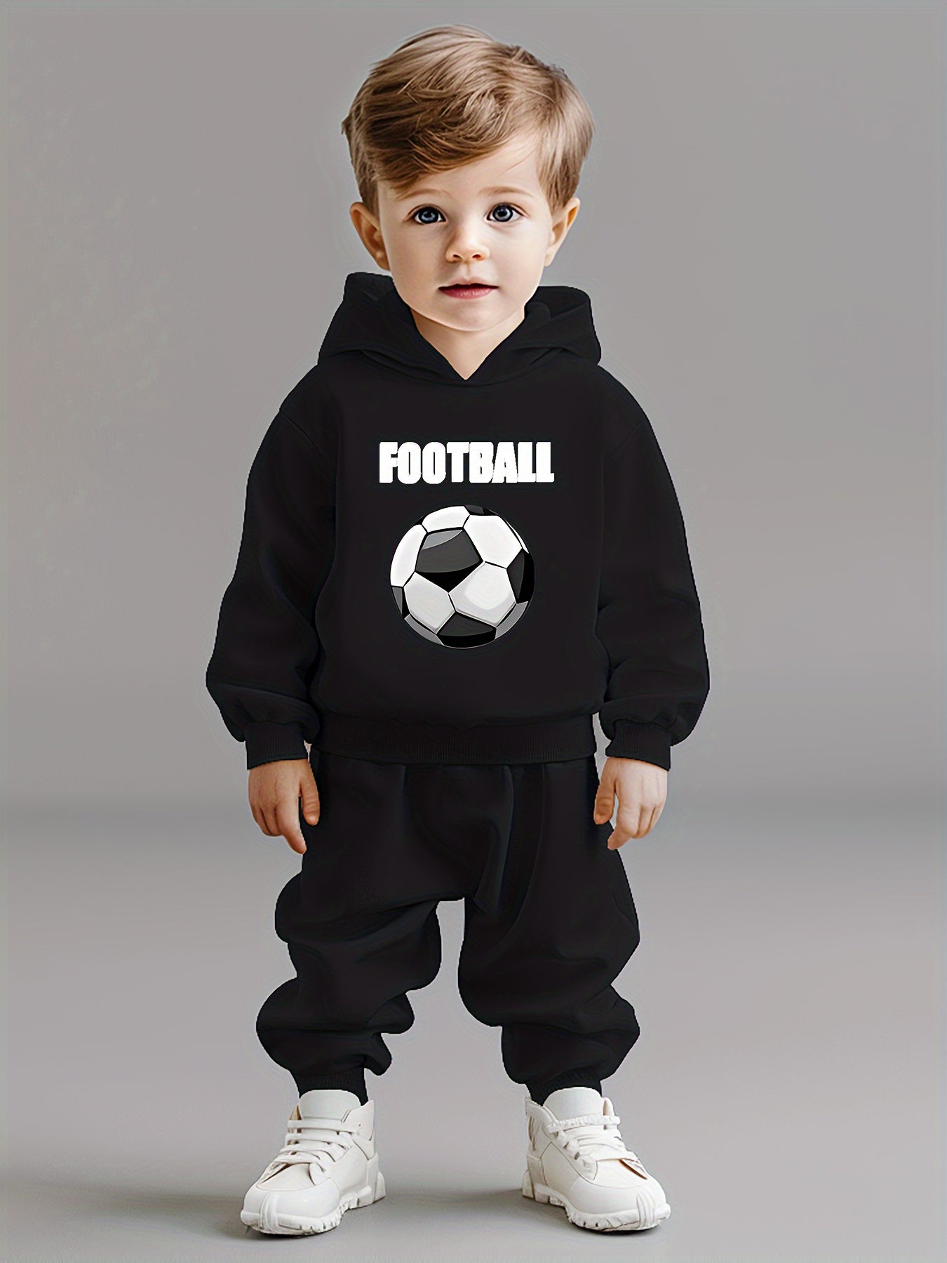 2pcs Cotton Set: Boys' Football Cartoon Print Hoodie Sweatshirt & Casual Pants ⚽👕👖