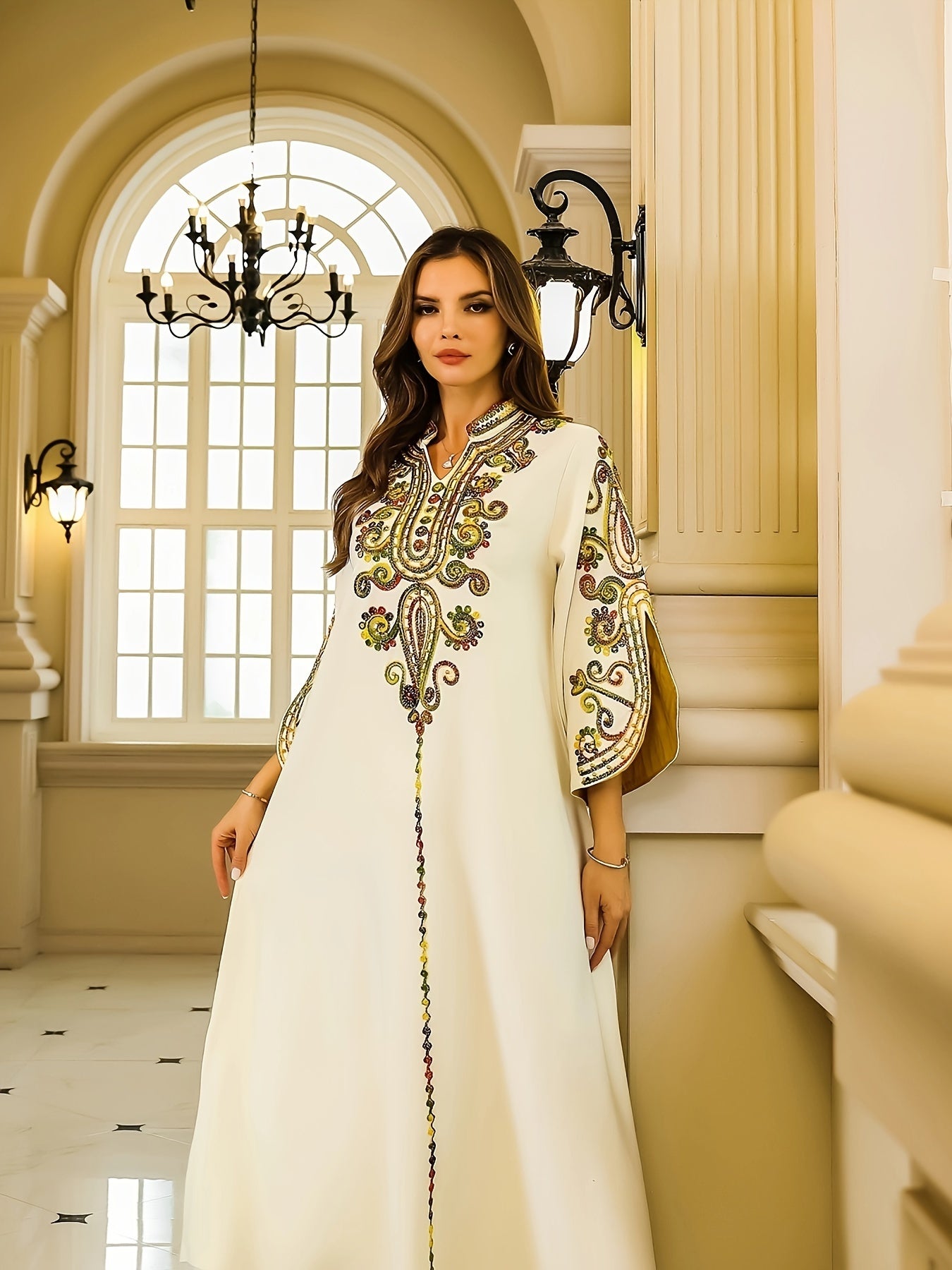 Elegant 3/4 Sleeve Embroidery Dress - Women's Kaftan