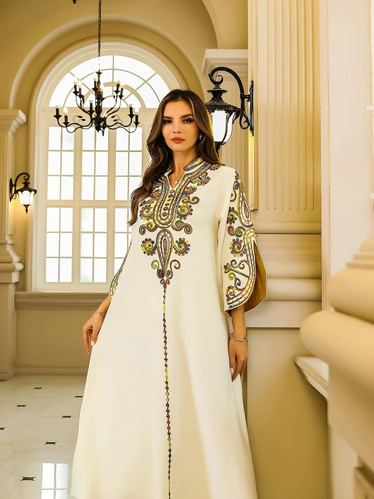 Elegant 3/4 Sleeve Embroidery Dress - Women's Kaftan