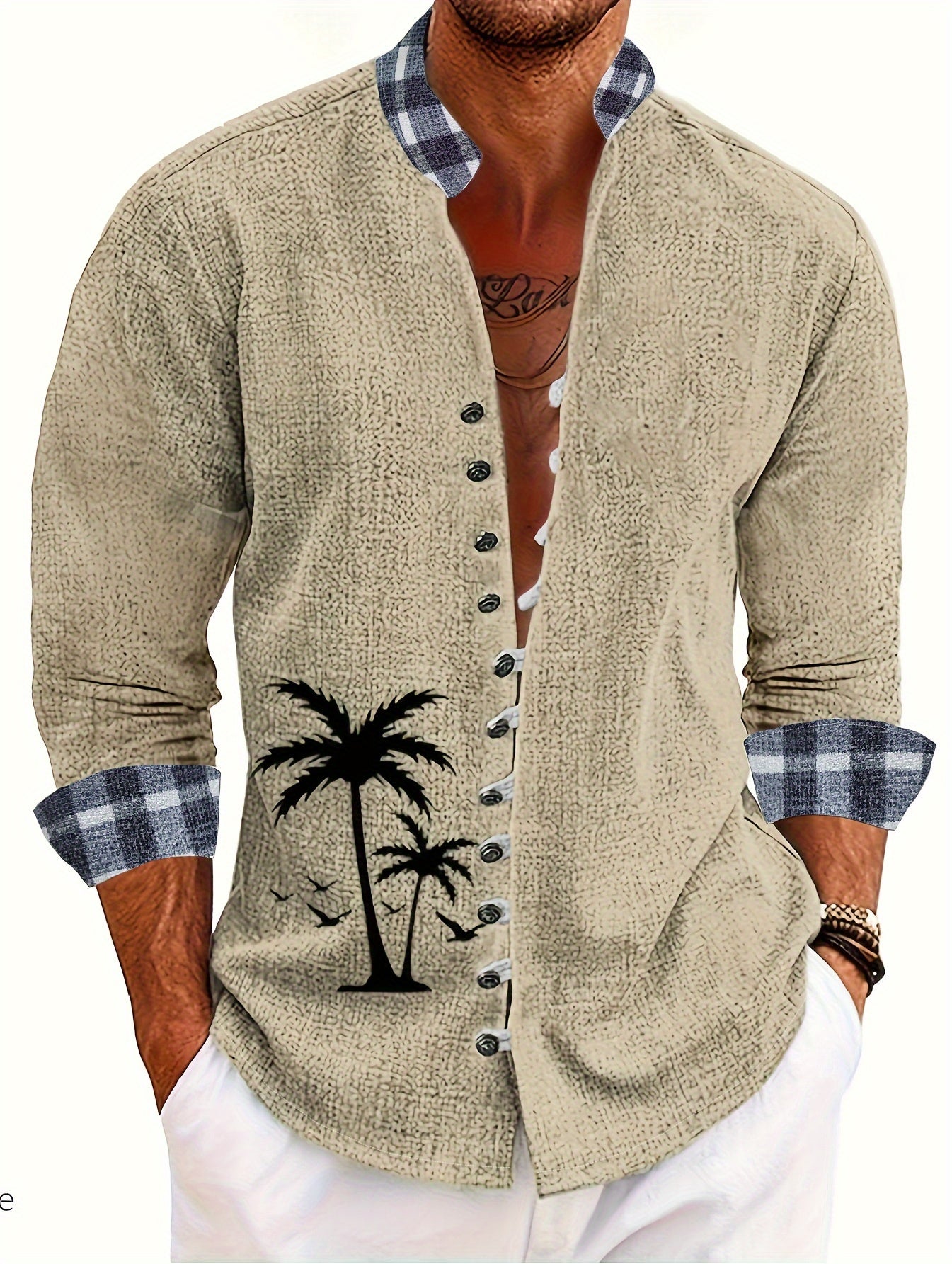 🌴 Men's Palm Tree Pattern Plait Splicing Lapel Shirt 🌟