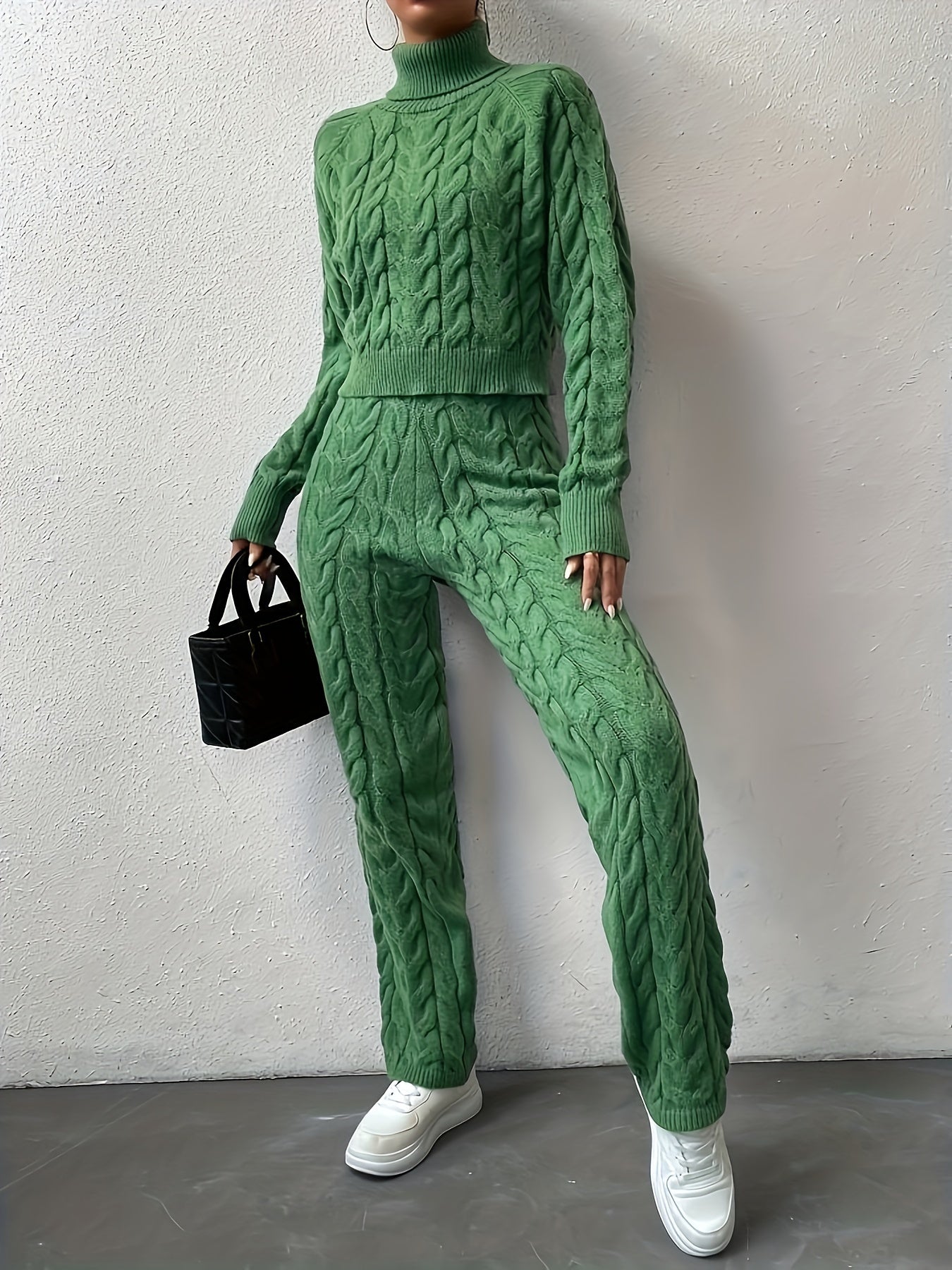 🧶 Elegance™ Solid Knitted Two-Piece Set - Turtle Neck Sweater & Pants