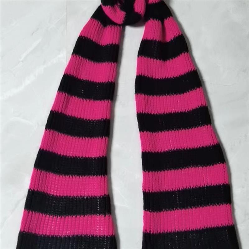 Yabi Style Culture Punk Y2g Black And Red Striped Scarf Extra Long Thermal Knitting Wool