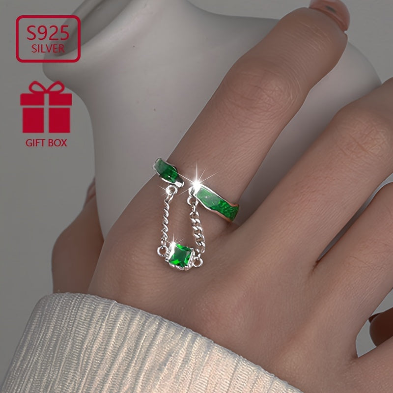 💚 Enchanted Green Zirconia Pendant Ring – S925 Sterling Silver Retro Luxury ✨