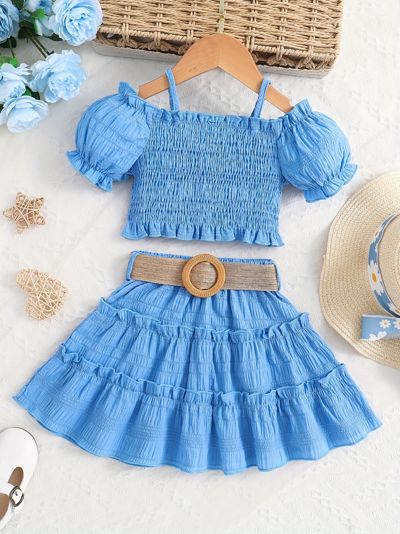 🌞 Girls' Elegant Cute Cami Off-Shoulder Ruffled Top & Skirt Set 👗