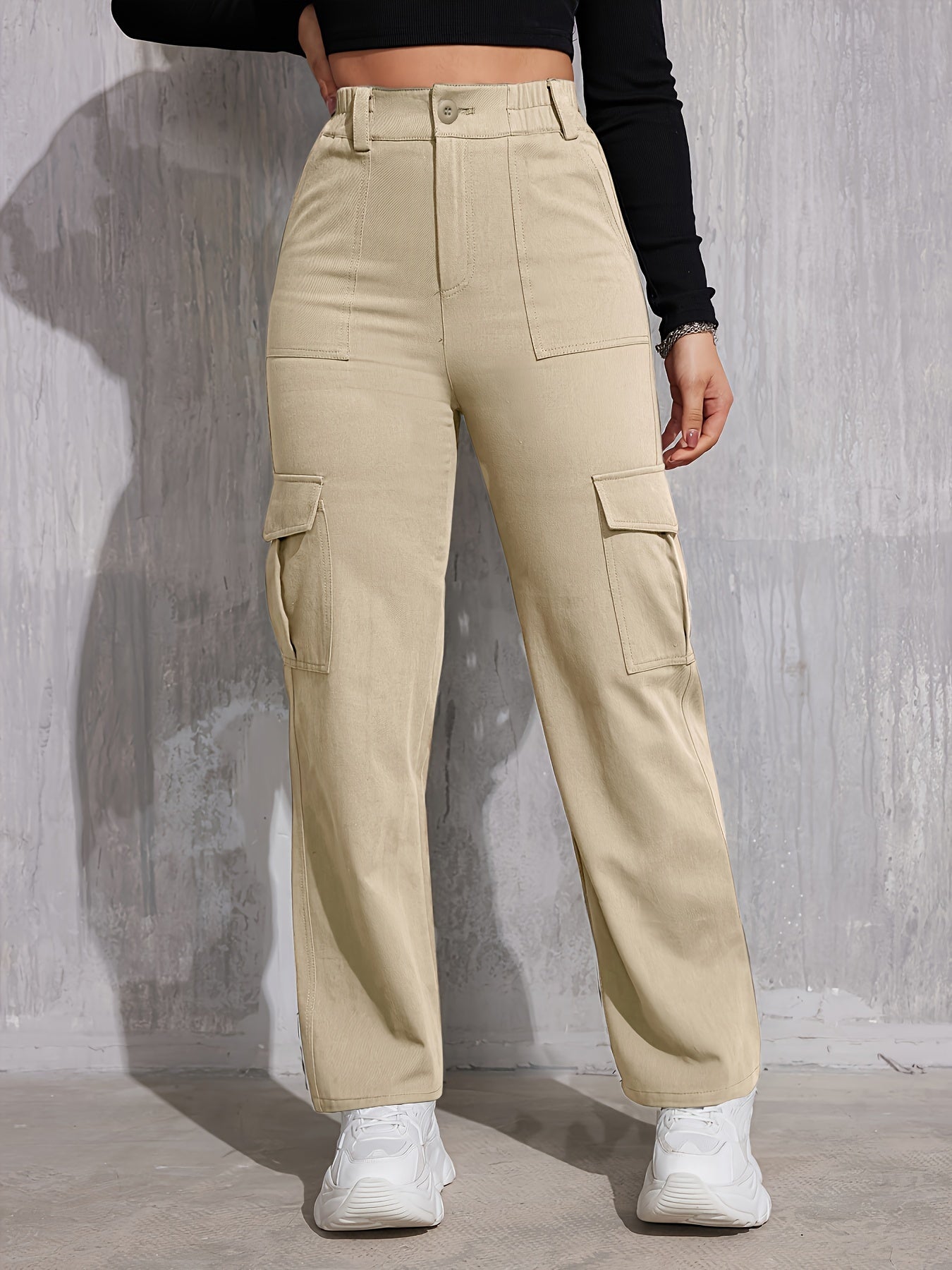 Solid Straight Leg Cargo Pants