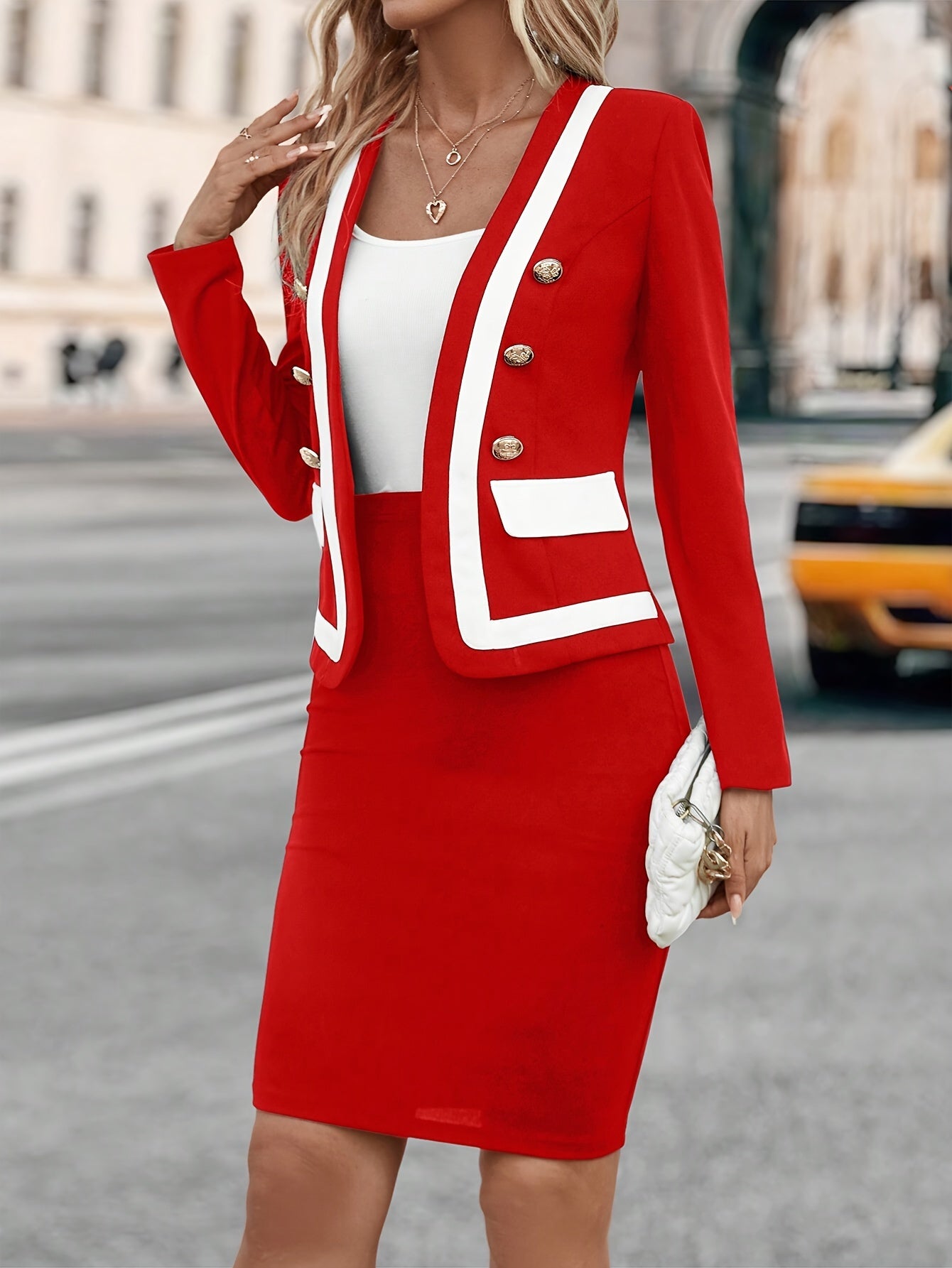 ✨ Elegance™ Color Block Skirt Set - Button Front Blazer & High Waist Slim Skirt