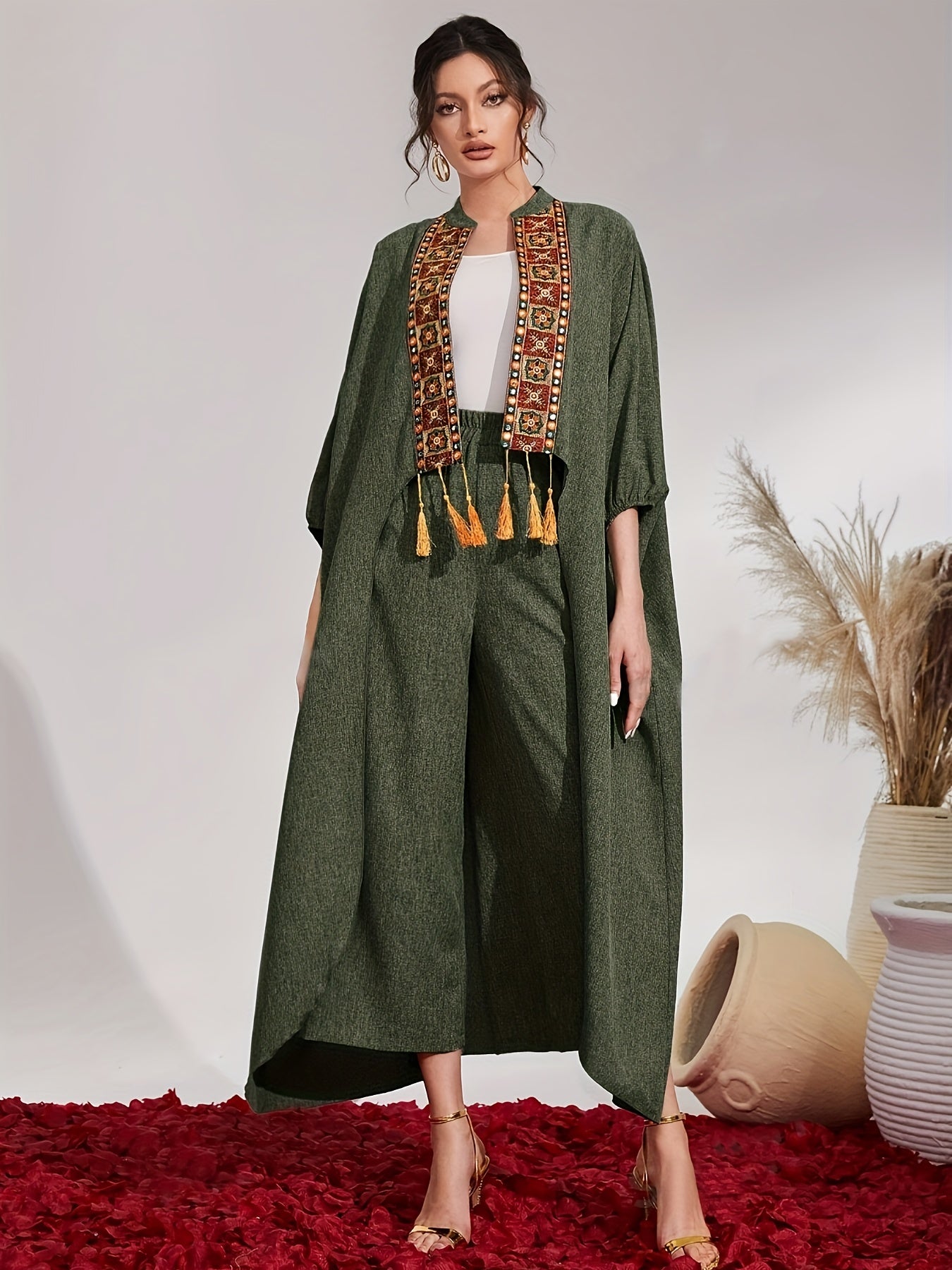 ✨ Boho Breeze™ Tribal Embroidered Tassel Cover-Up & Wide-Leg Pants Set