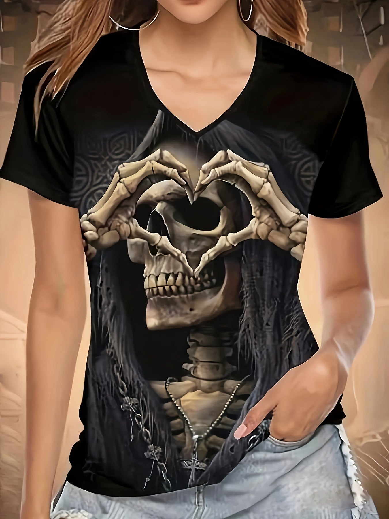 💀 Skull Vibe: V-Neck Skull Print T-Shirt 🌟