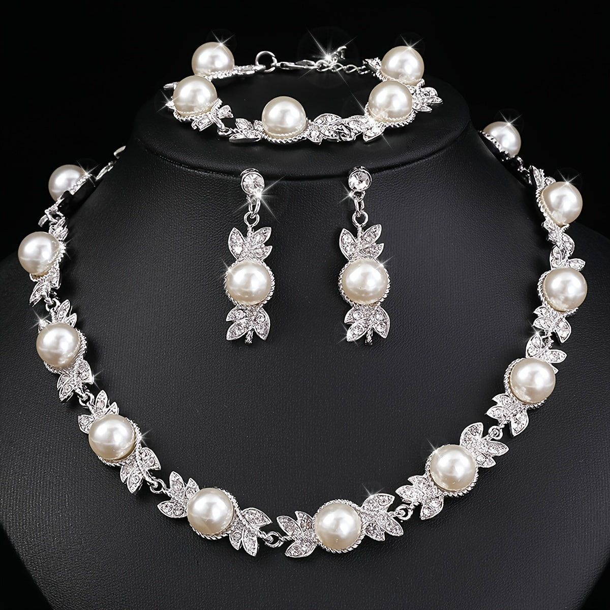 Chic Imitation Pearl Jewelry Set – Necklace, Earrings & Bracelet 🌟💕