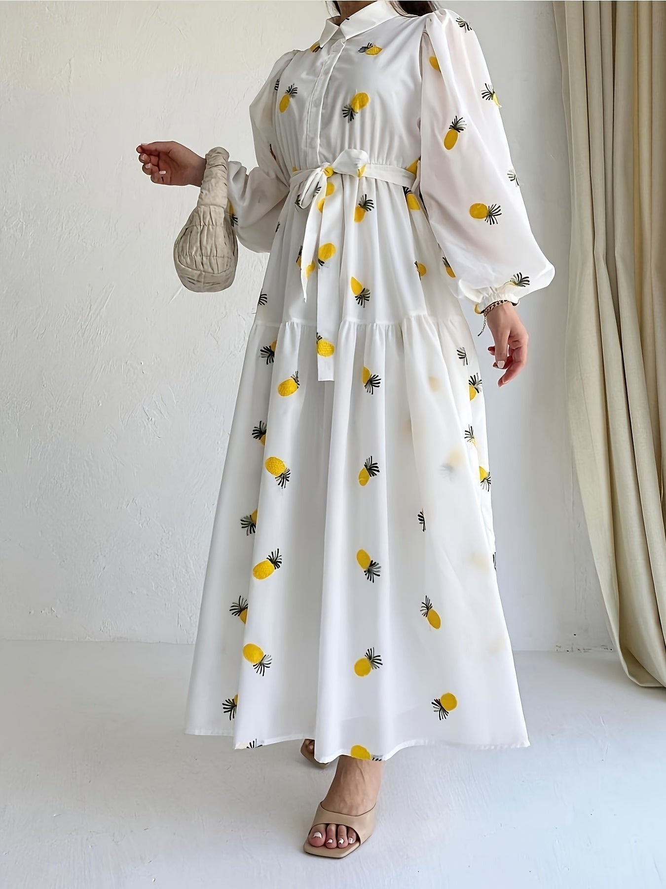 Cherry Print Lantern Sleeve Maxi Dress