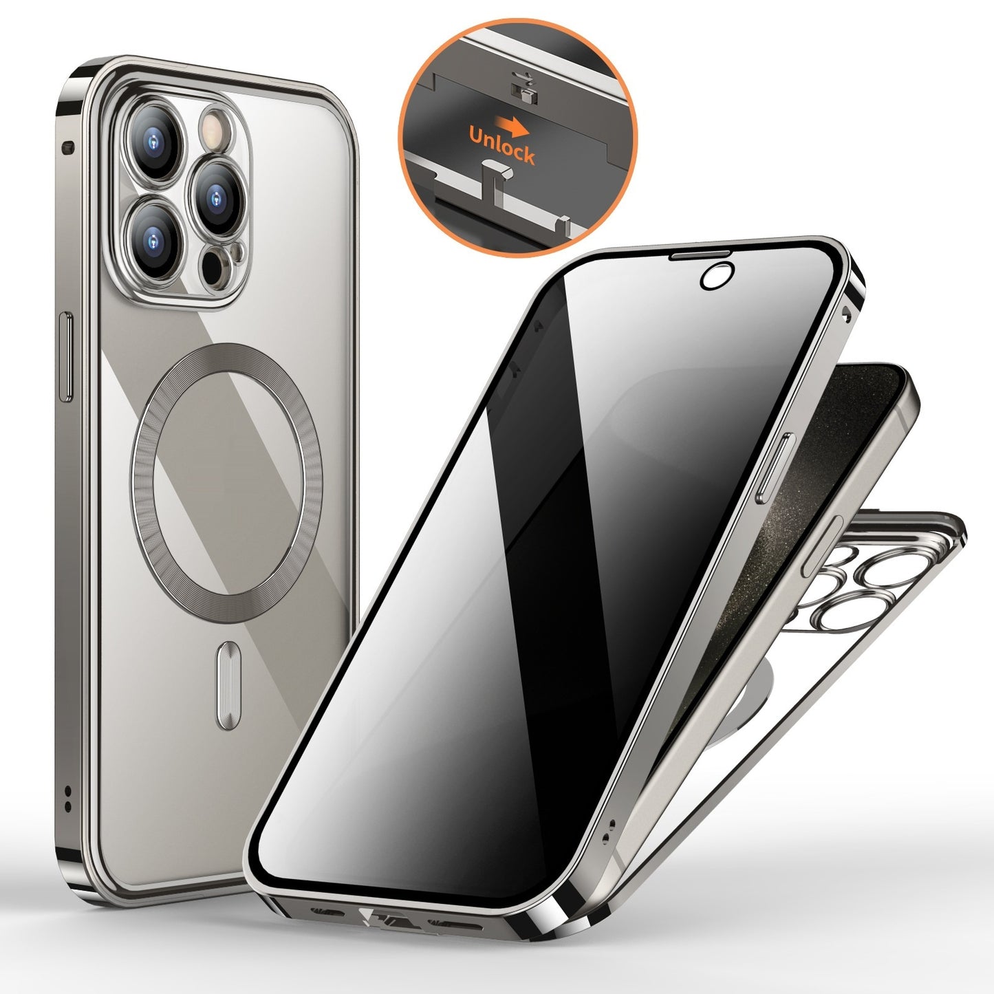 Secure Shield Magnetic Metal Buckle Phone Case: Double-Sided Lens Protection with Wireless Charging Support