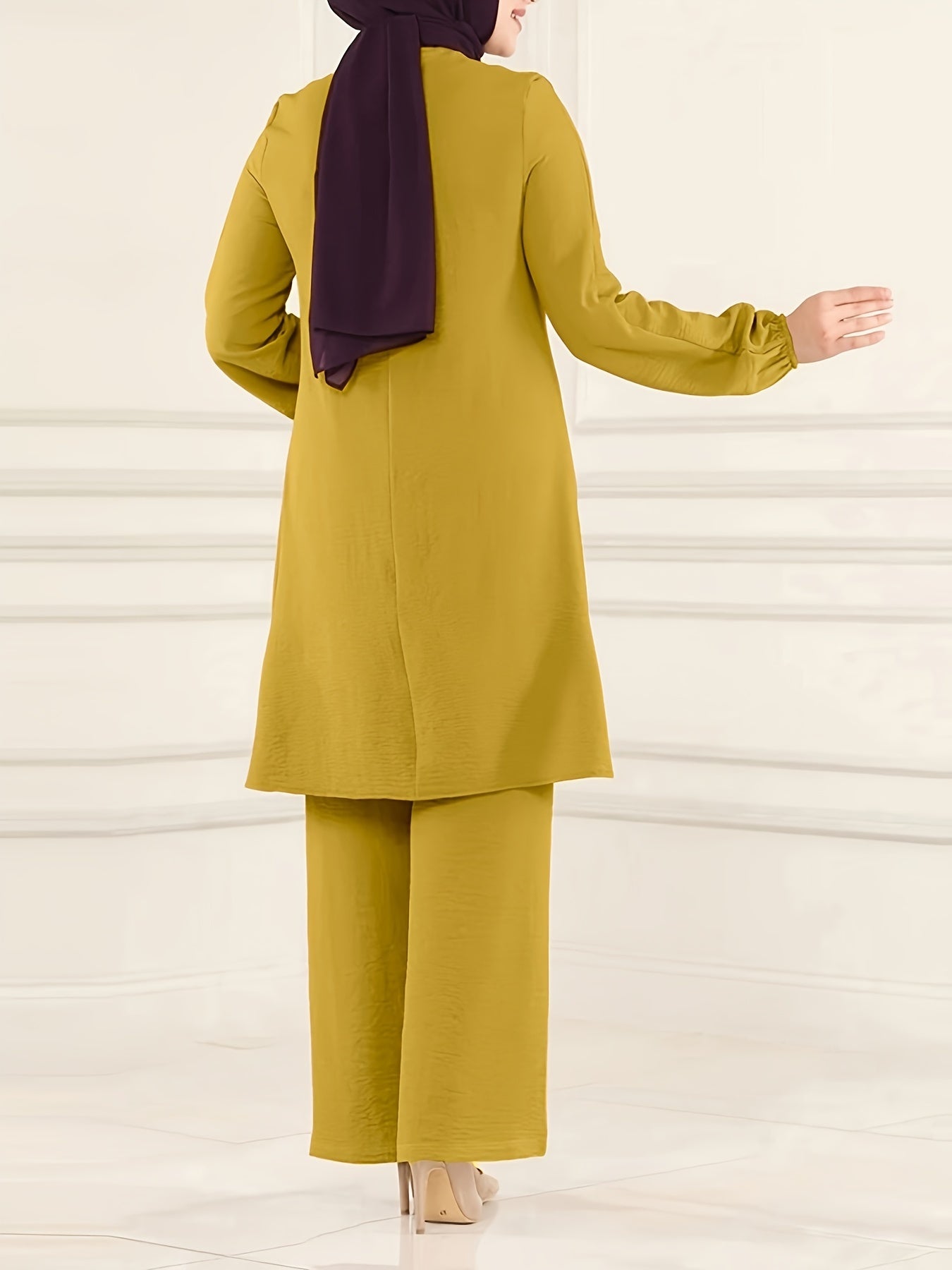 Elegant Solid Muslim Two-Piece Set - Long Sleeve Crew Neck Top & Straight Leg Pants