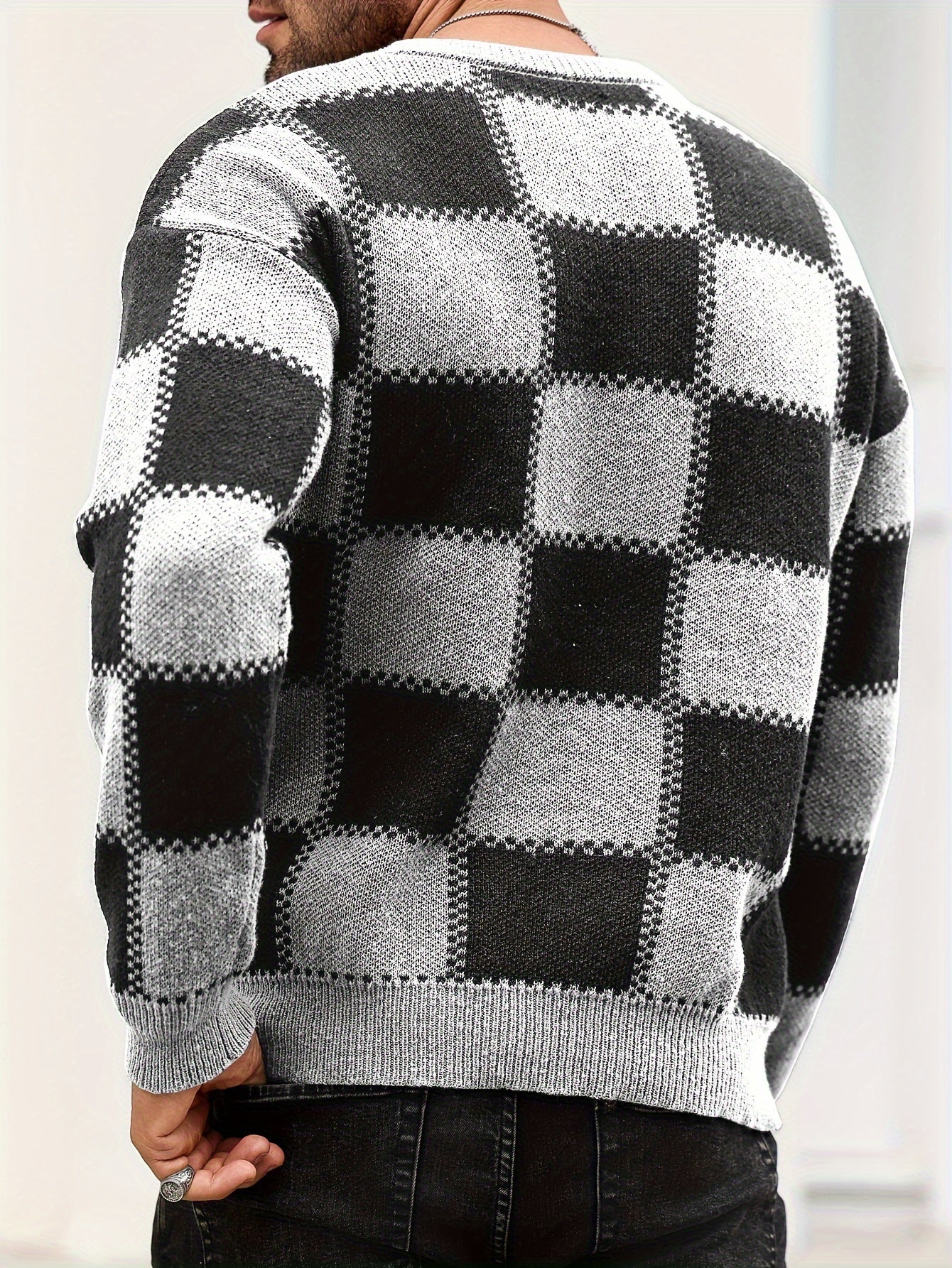 🎉 Men's Color Blocking Textured Checked Print Casual Trendy Sweater 🎉