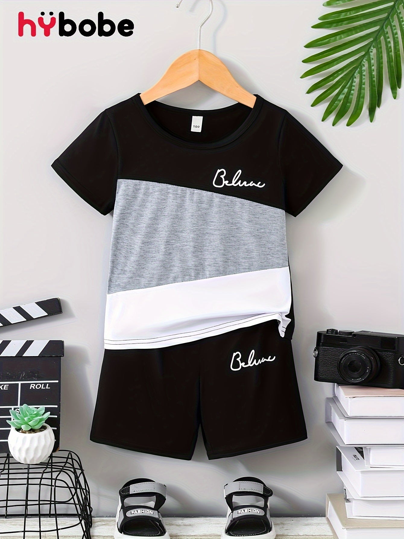 ✨ 2-Piece Boys' Casual "BELIEVE" Graphic Print Color Block T-Shirt & Shorts Set – Comfy Summer Outfit 🌟