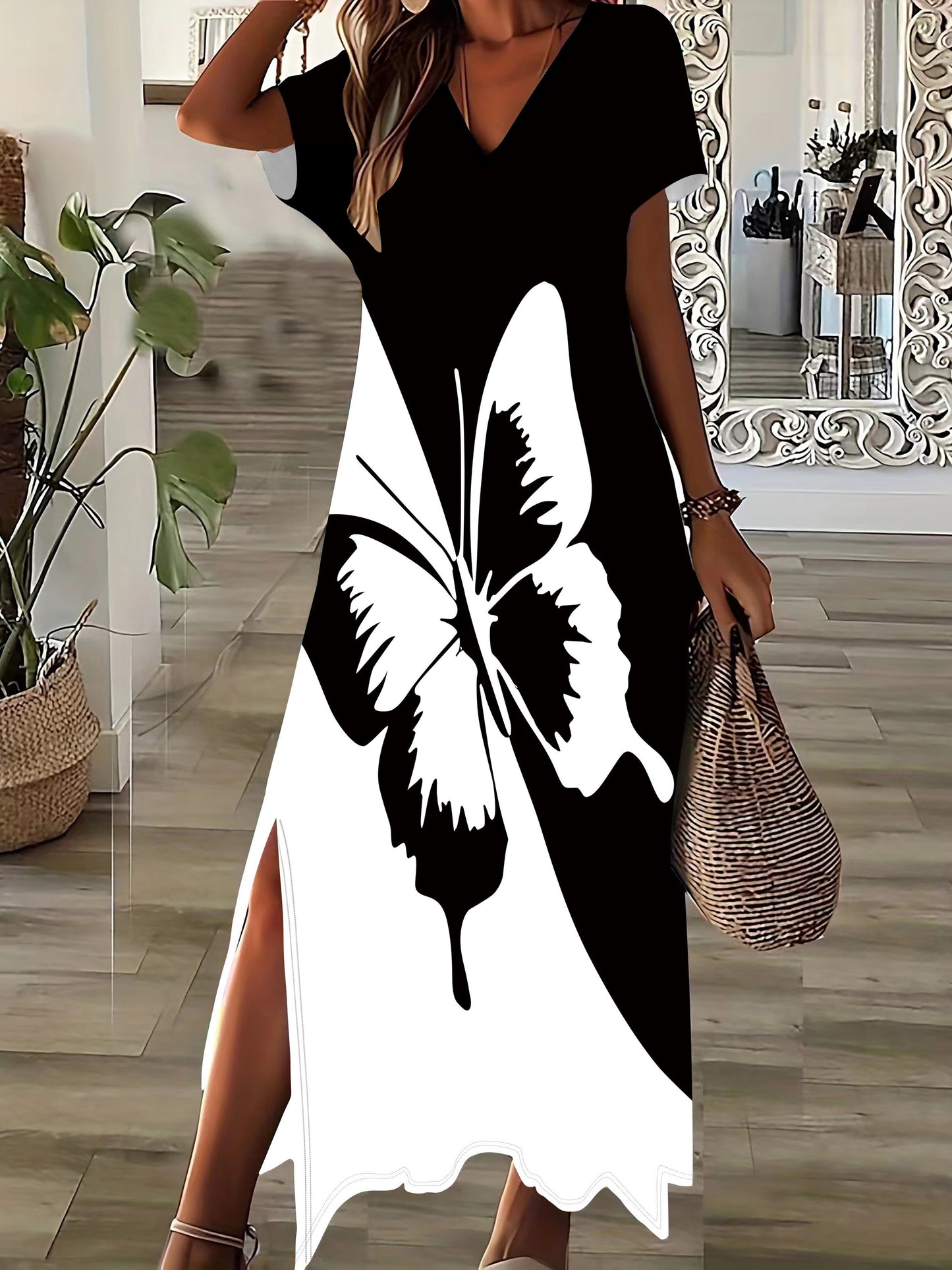 🦋 Butterfly Print Color Block Split Hem Dress