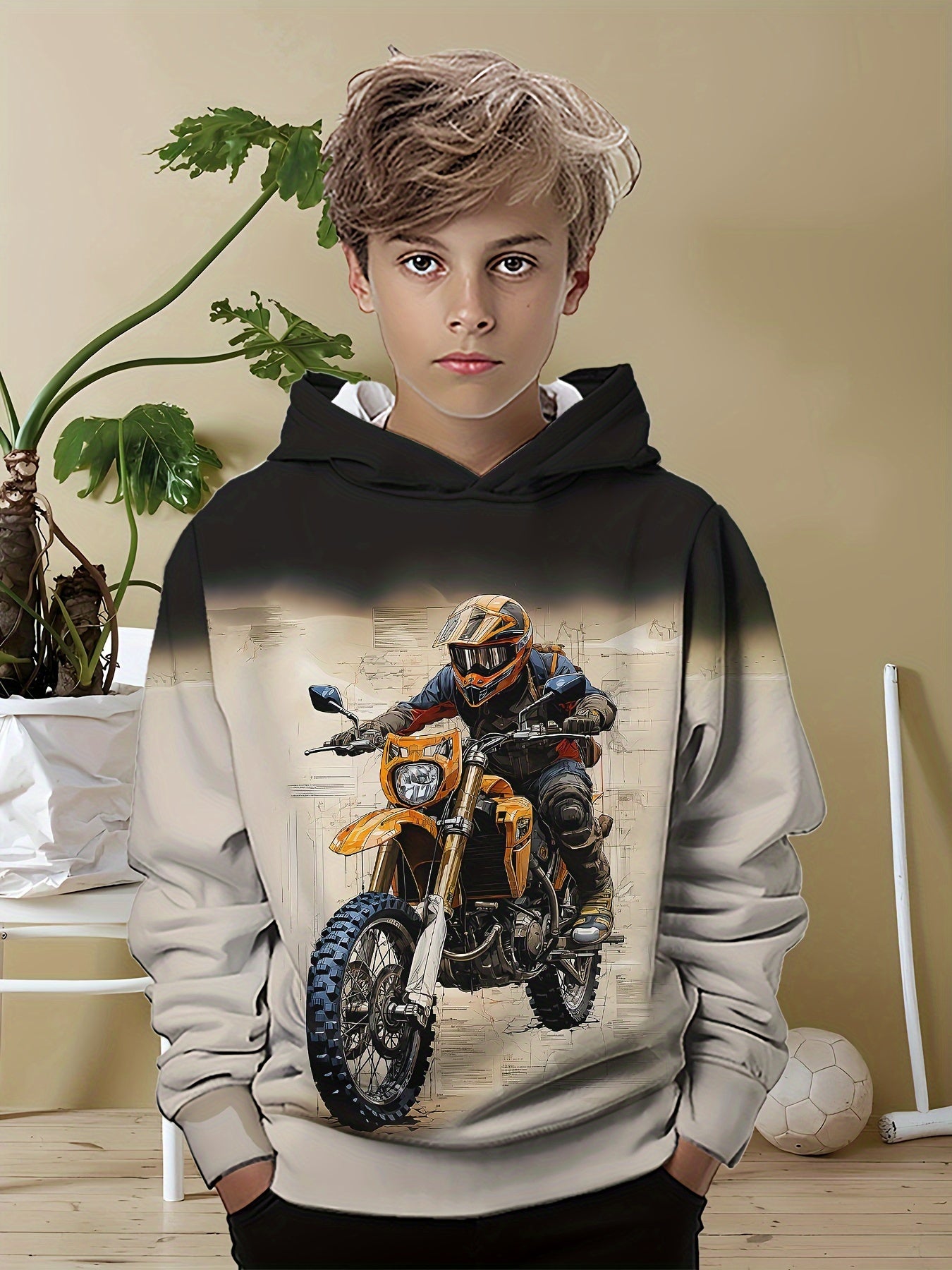 🏍️ Boy's Motorbike Rider Pattern Hooded Sweatshirt – Trendy Pullover for Autumn & Spring 🍂