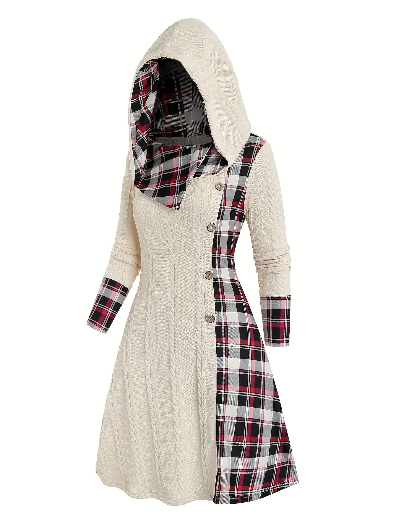 Plaid Print Splicing Hooded Dress