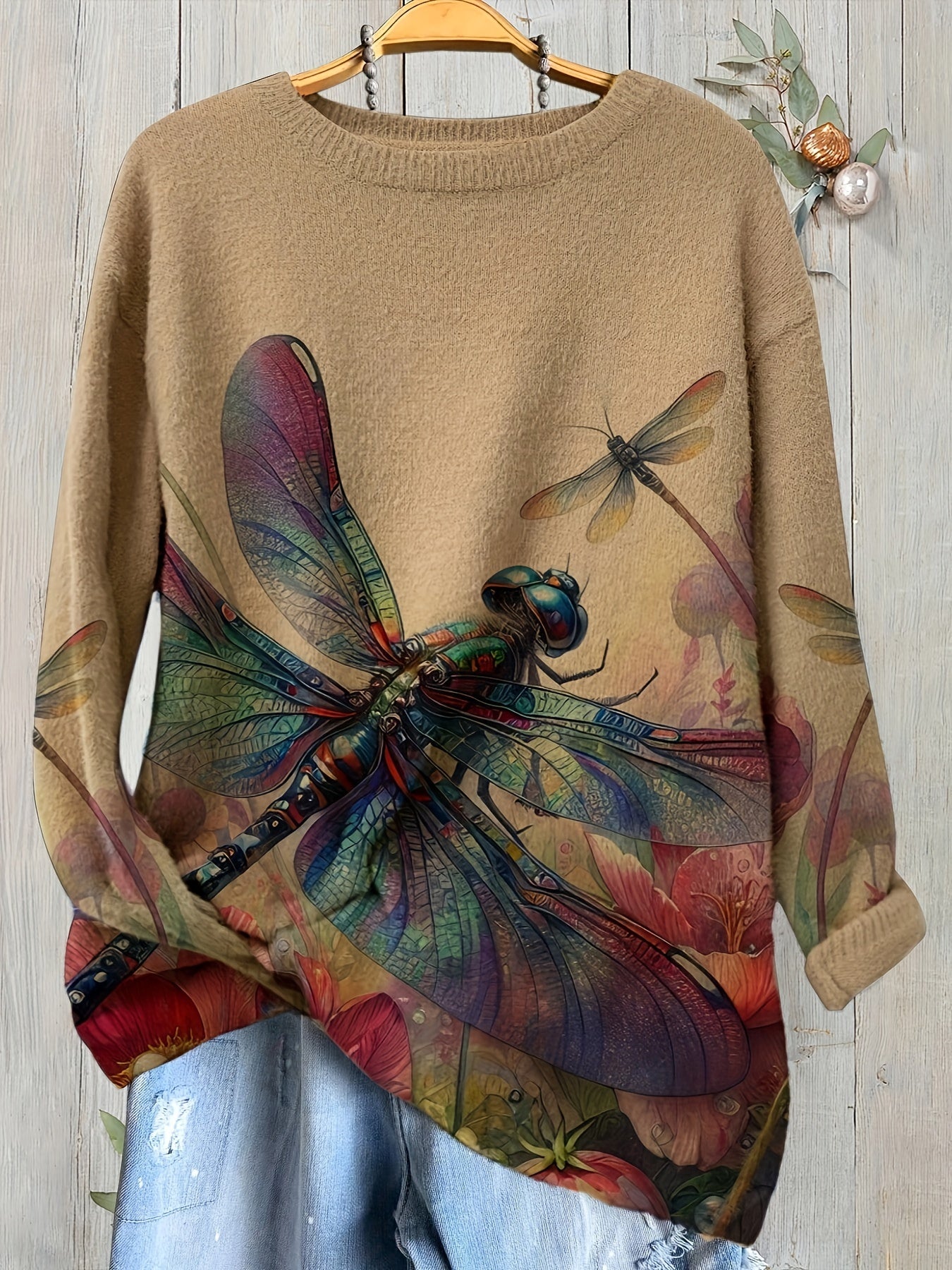 Plus Size Dragonfly Pattern Crew Neck Sweater 🦋