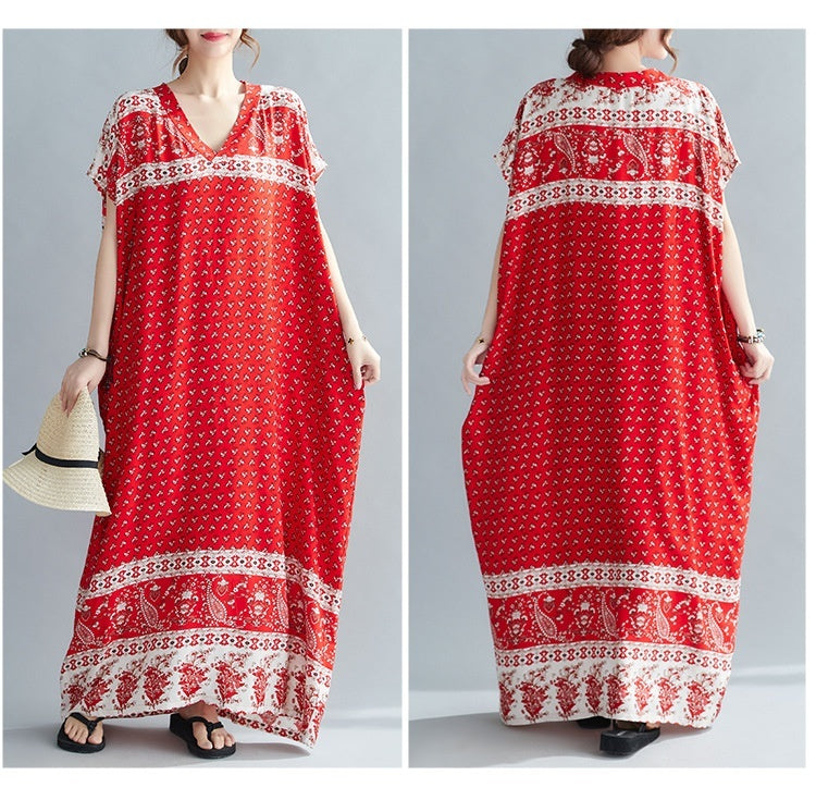 Ethnic Travel Vacation Style Cotton Silk Positioning Printed V-neck Robe